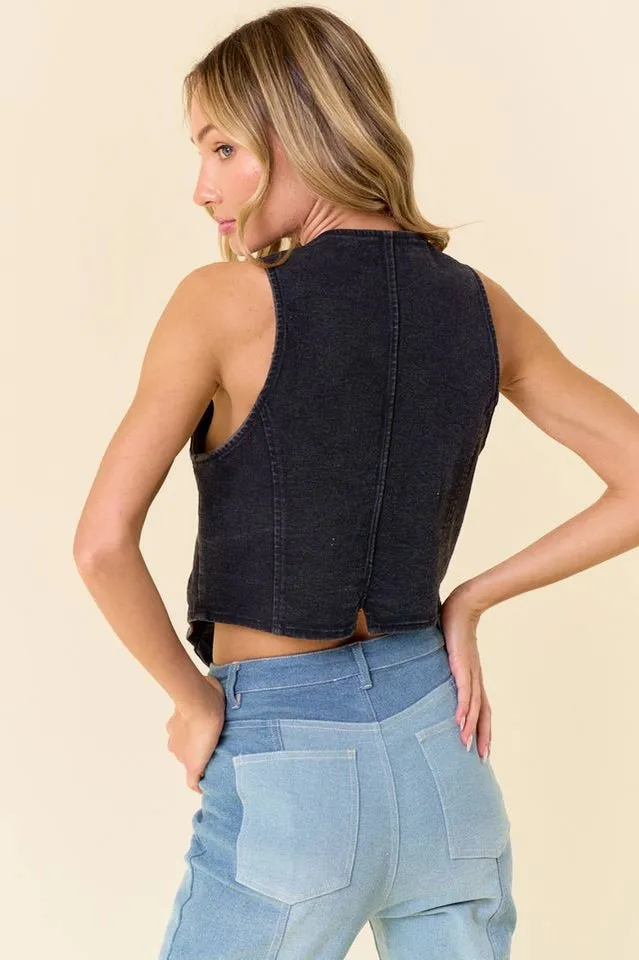 Black Button-Down Light Weight Denim Vest - Medium