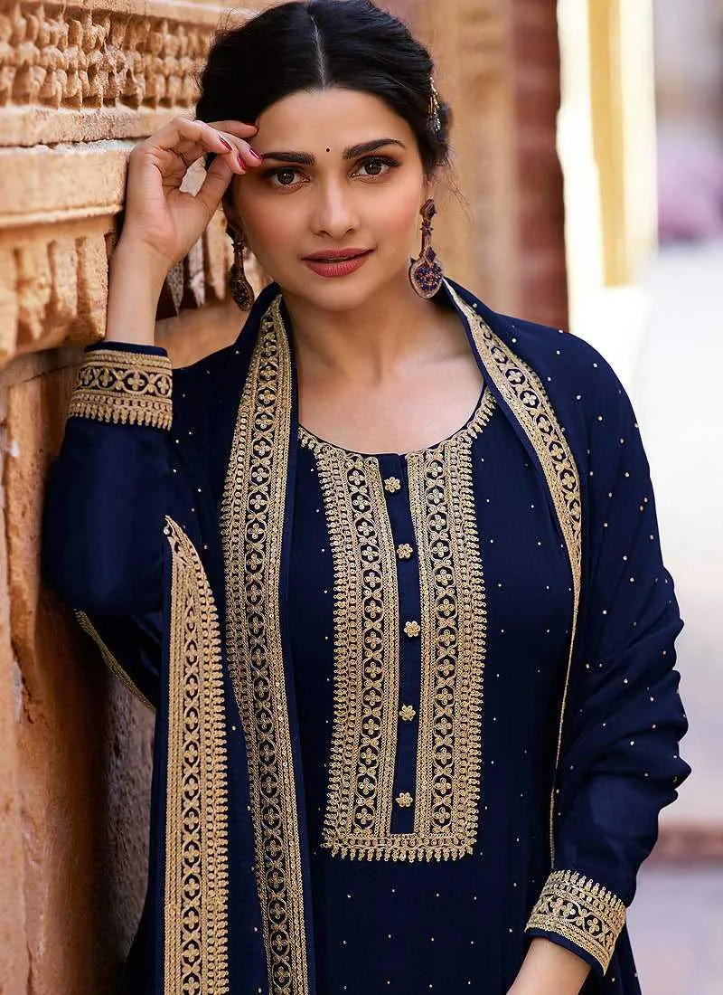 Blue Embroidered Pant Style Suit