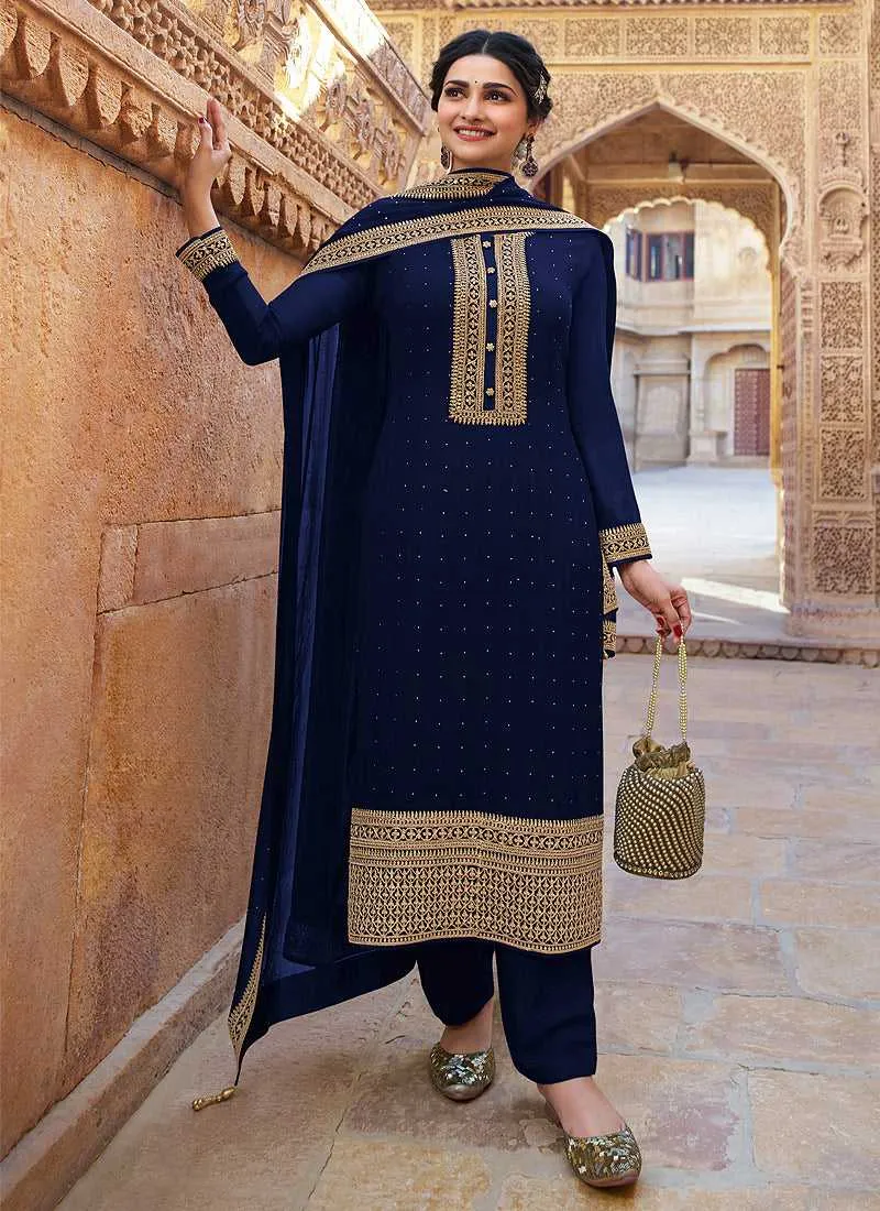 Blue Embroidered Pant Style Suit