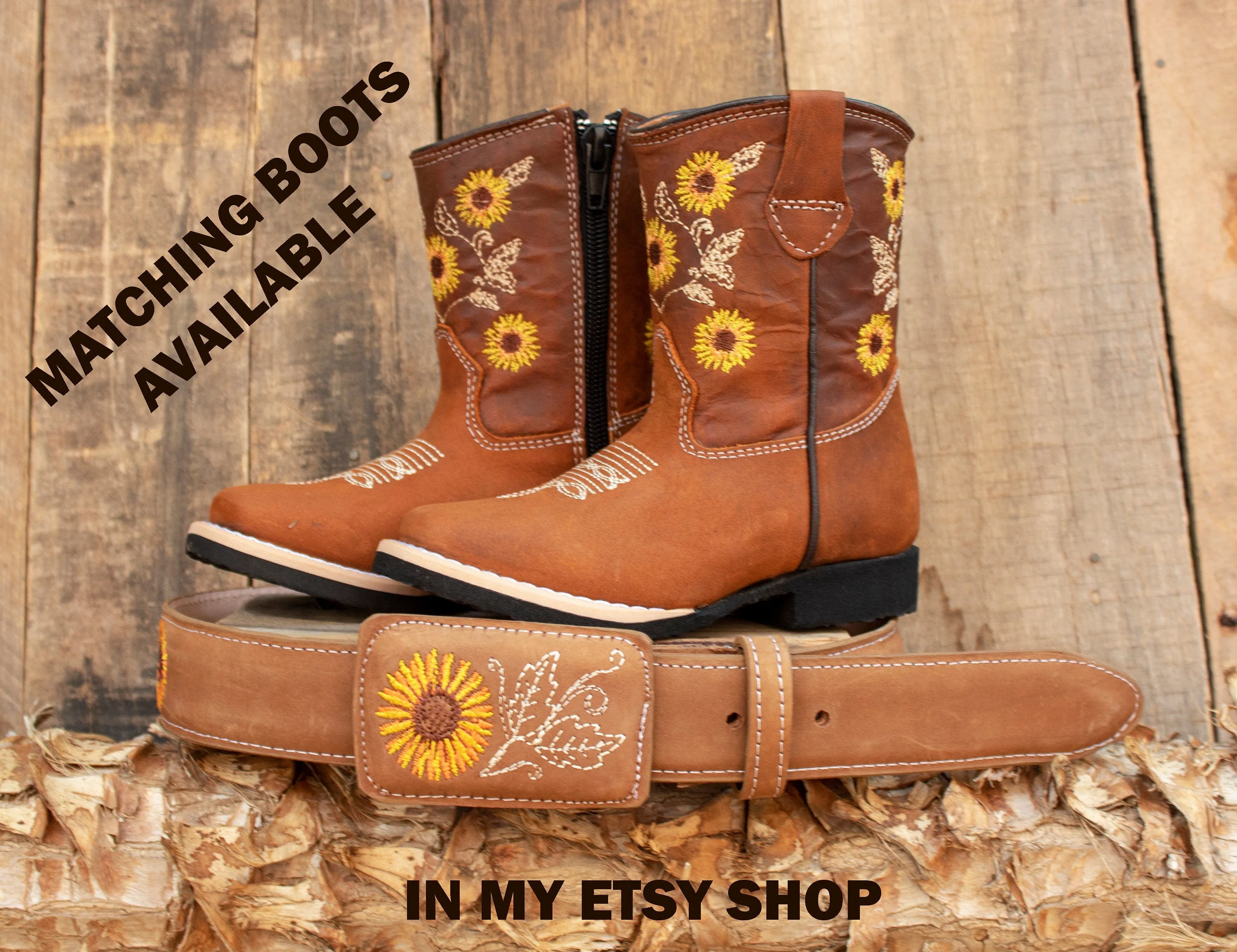 CHILDRENS YOUTH LEATHER SUNFLOWER EMBROIDERED WESTERN BELT
