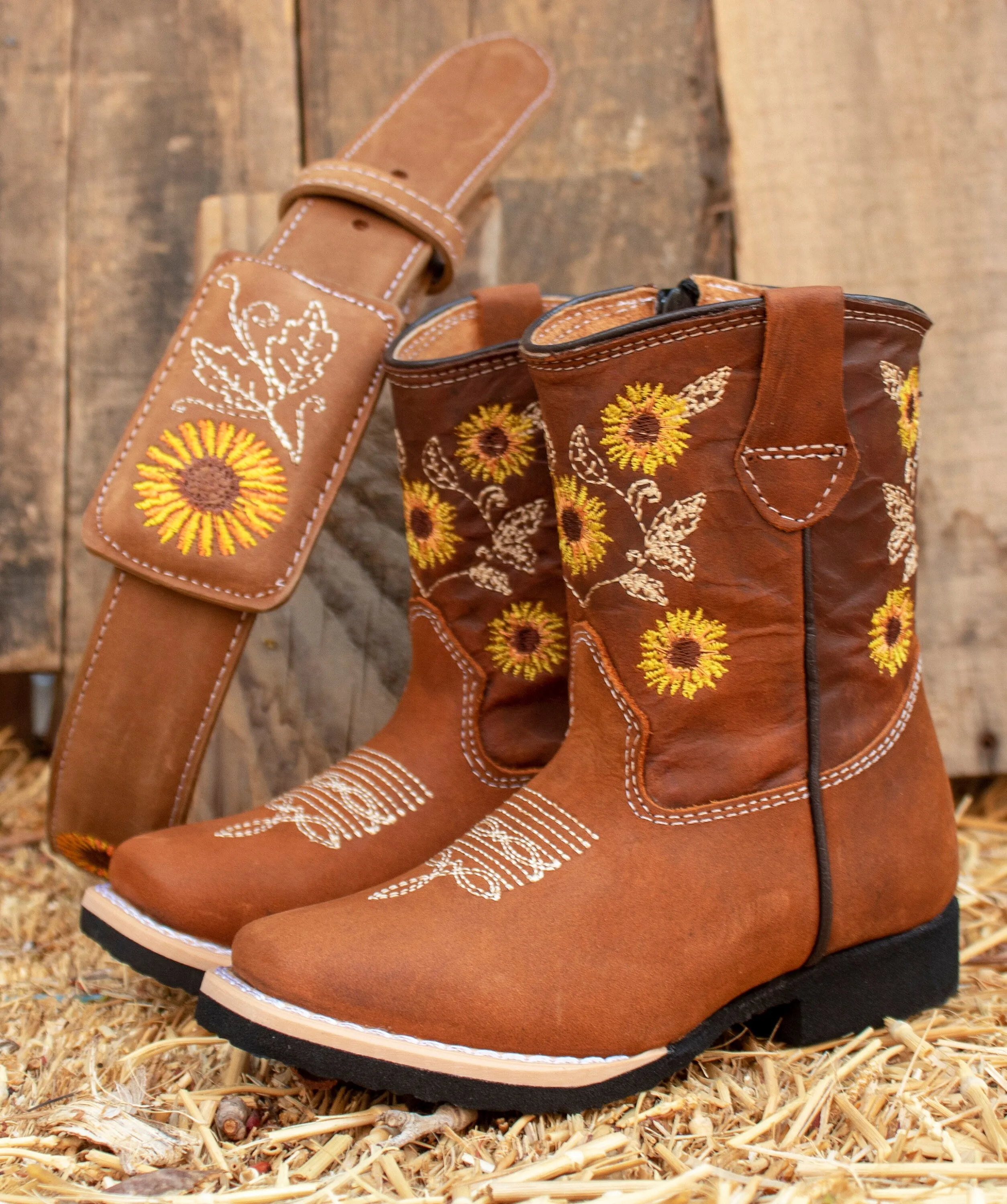 CHILDRENS YOUTH LEATHER SUNFLOWER EMBROIDERED WESTERN BELT