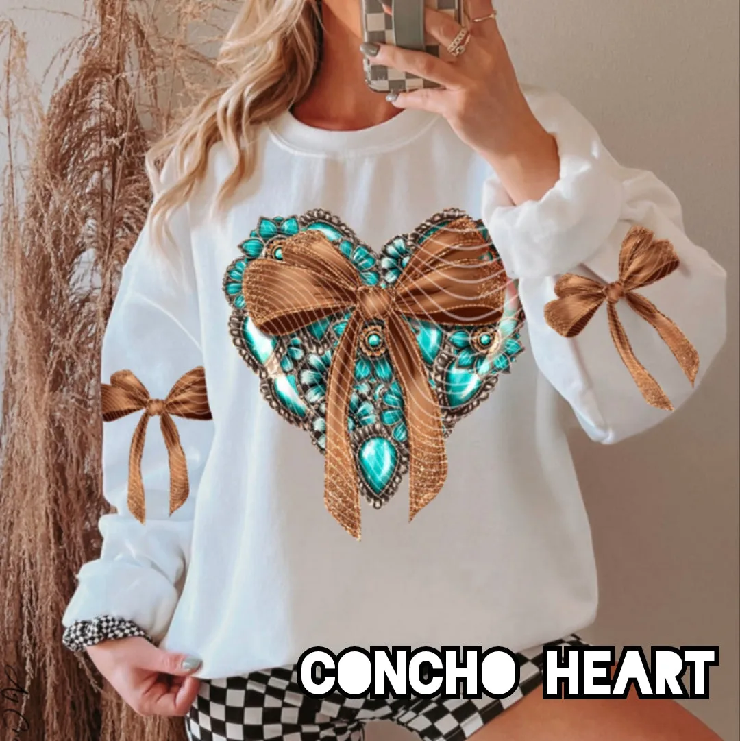 Concho Heart Crewneck Sweatshirt w/ Printed Sleeve