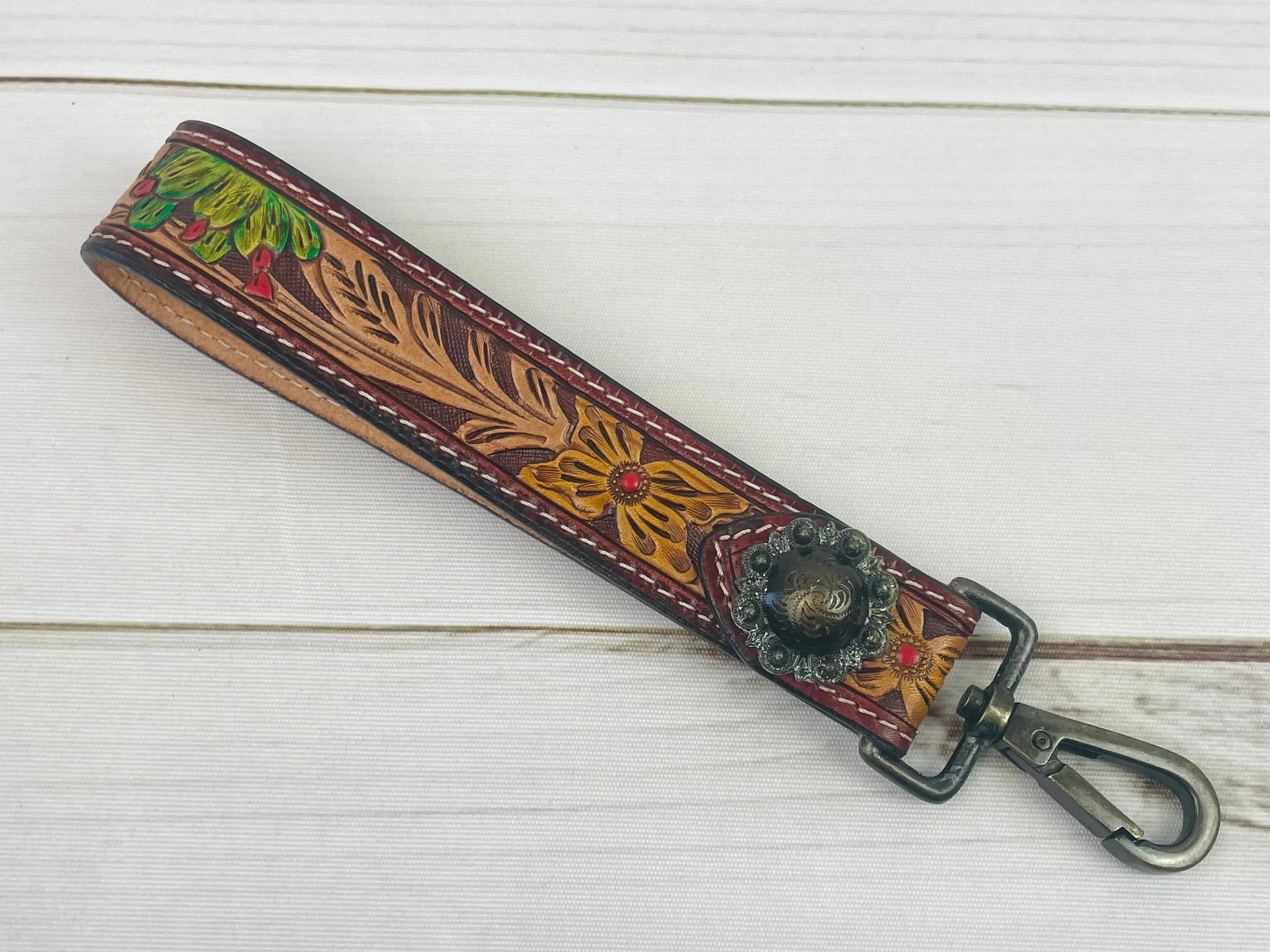 Floral & Cactus Bloom Tooled Wristlet Leather Keychain