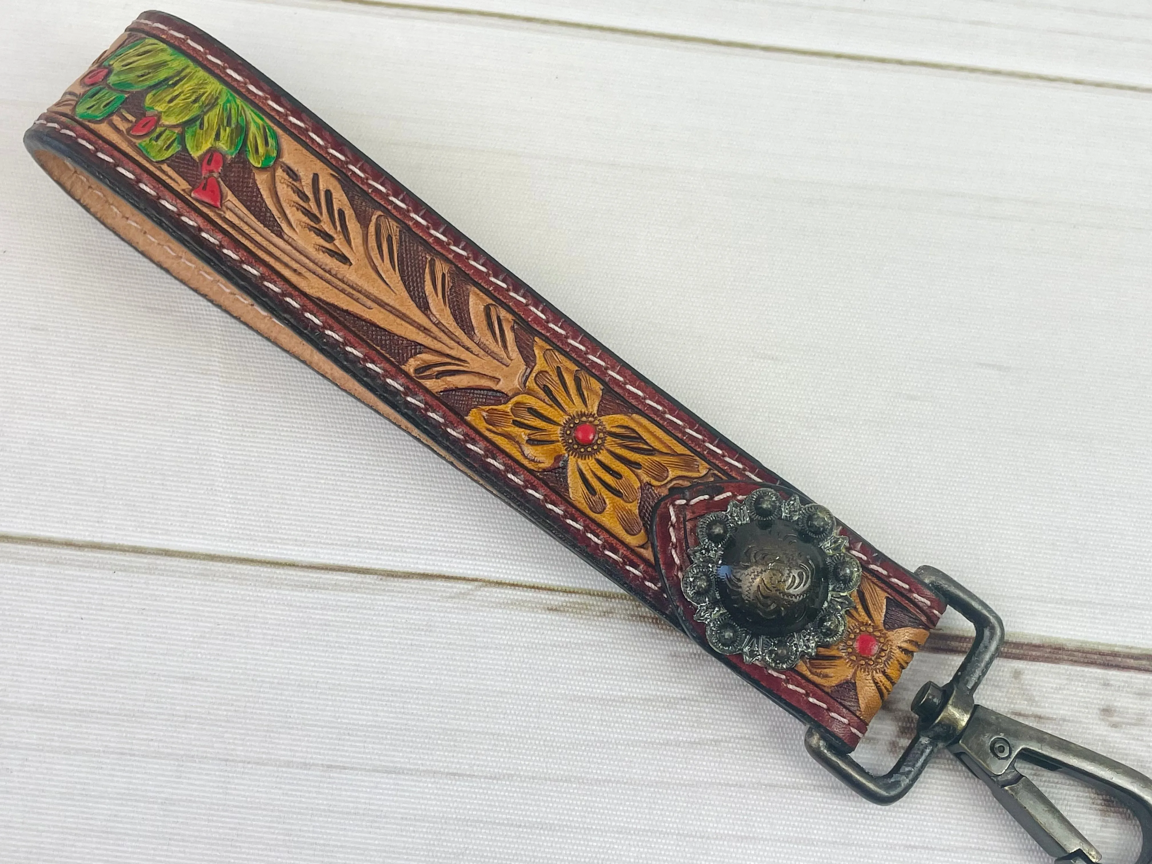 Floral & Cactus Bloom Tooled Wristlet Leather Keychain