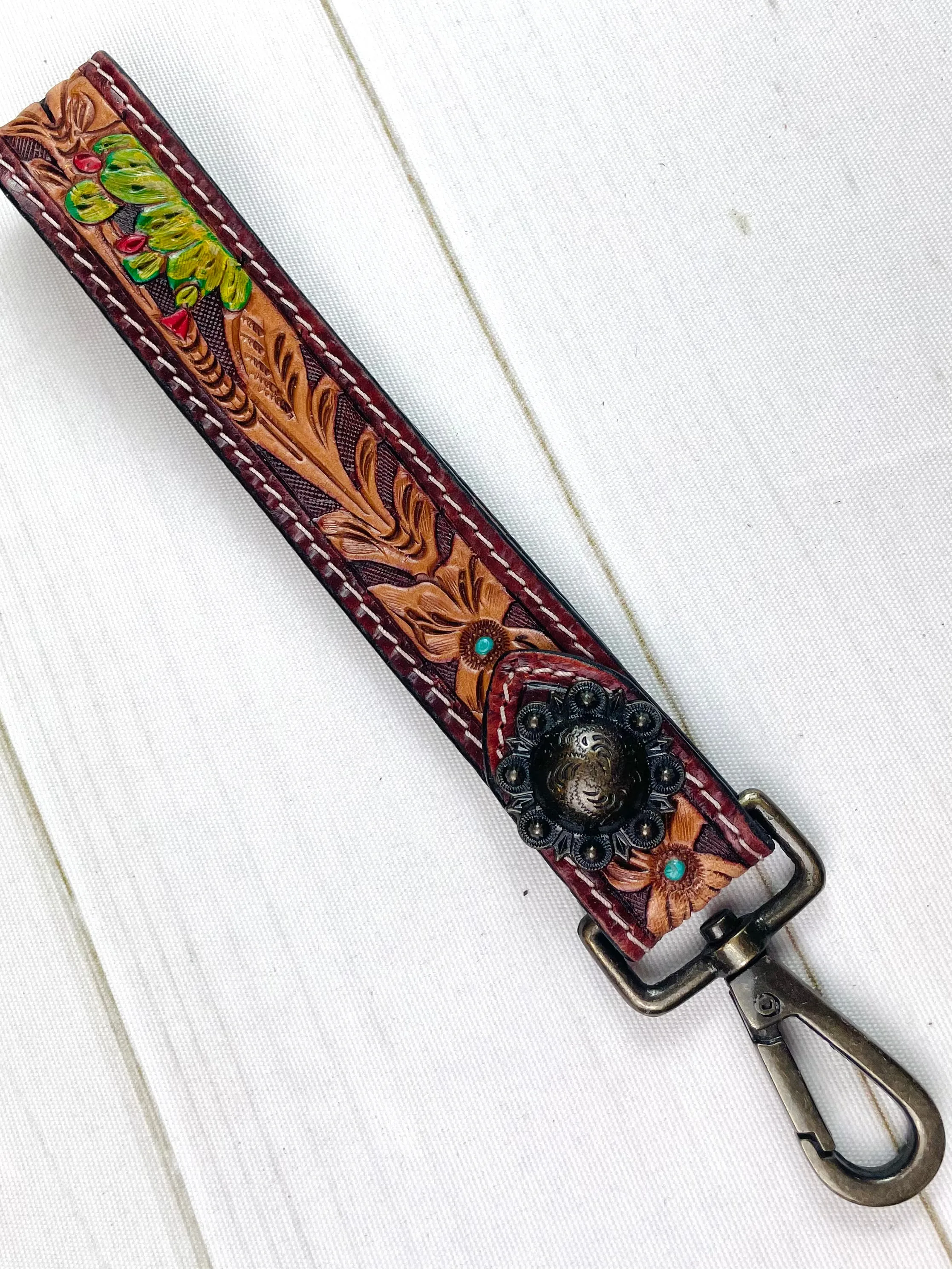 Floral & Cactus Bloom Tooled Wristlet Leather Keychain