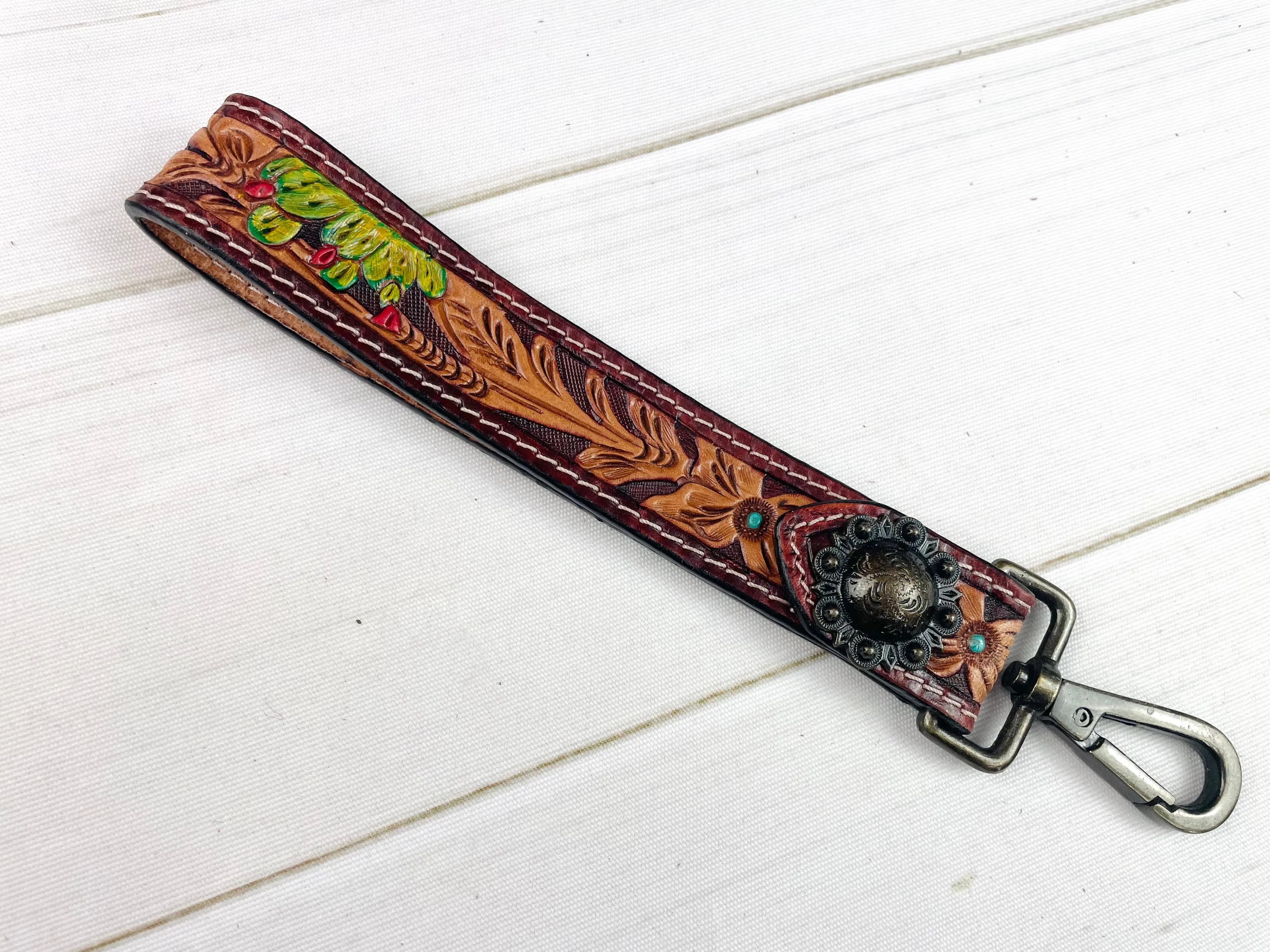 Floral & Cactus Bloom Tooled Wristlet Leather Keychain