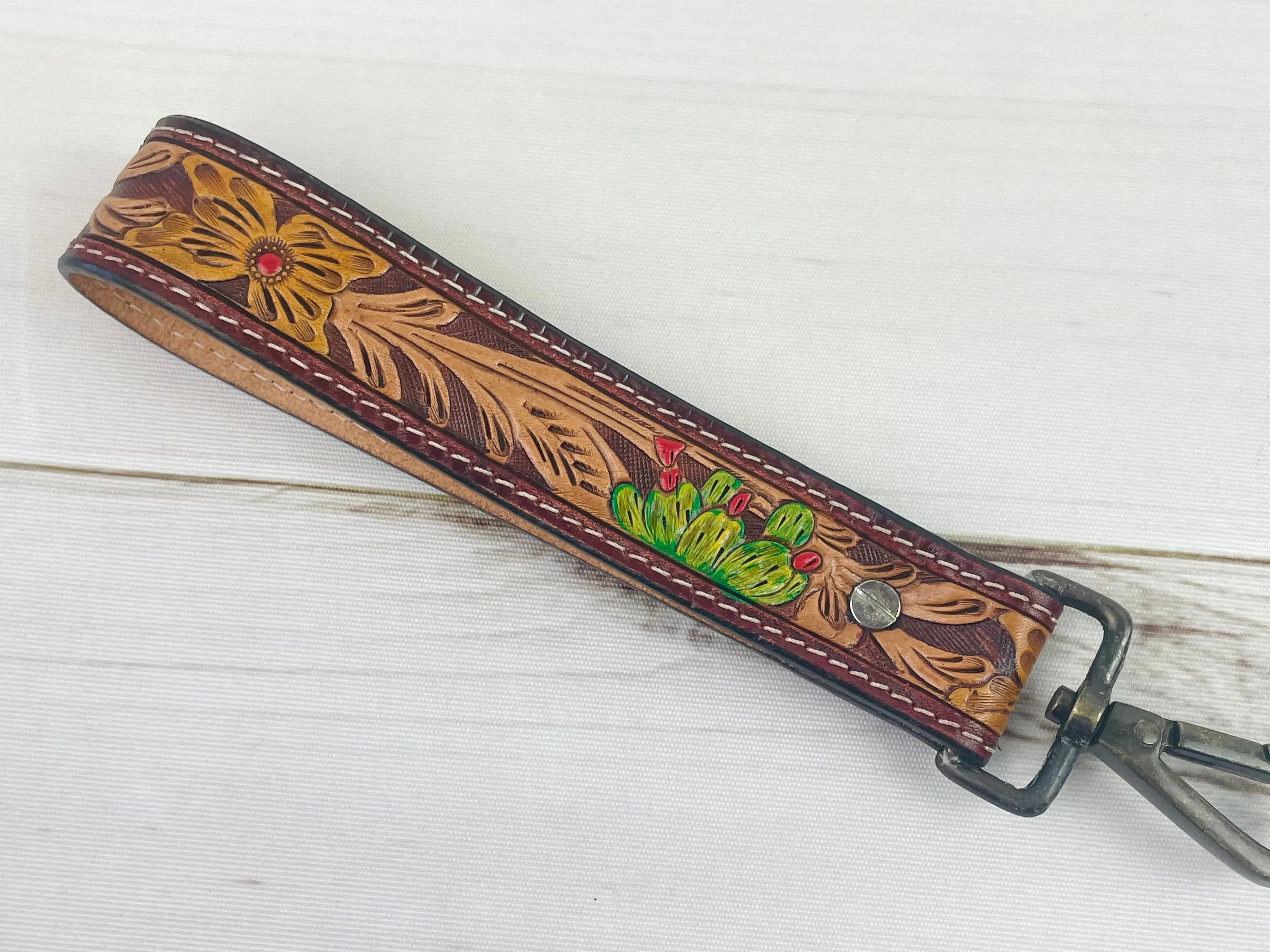 Floral & Cactus Bloom Tooled Wristlet Leather Keychain