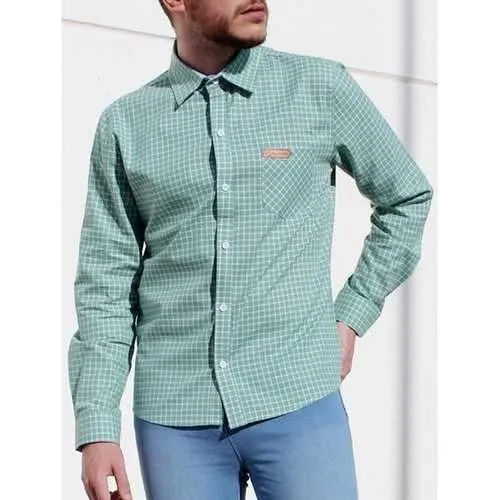 Long Sleeve Slimming Checked Cotton Shirt - Green M