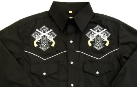 Men's Embroidered Western Shirt: White Horse Cross and Pistols