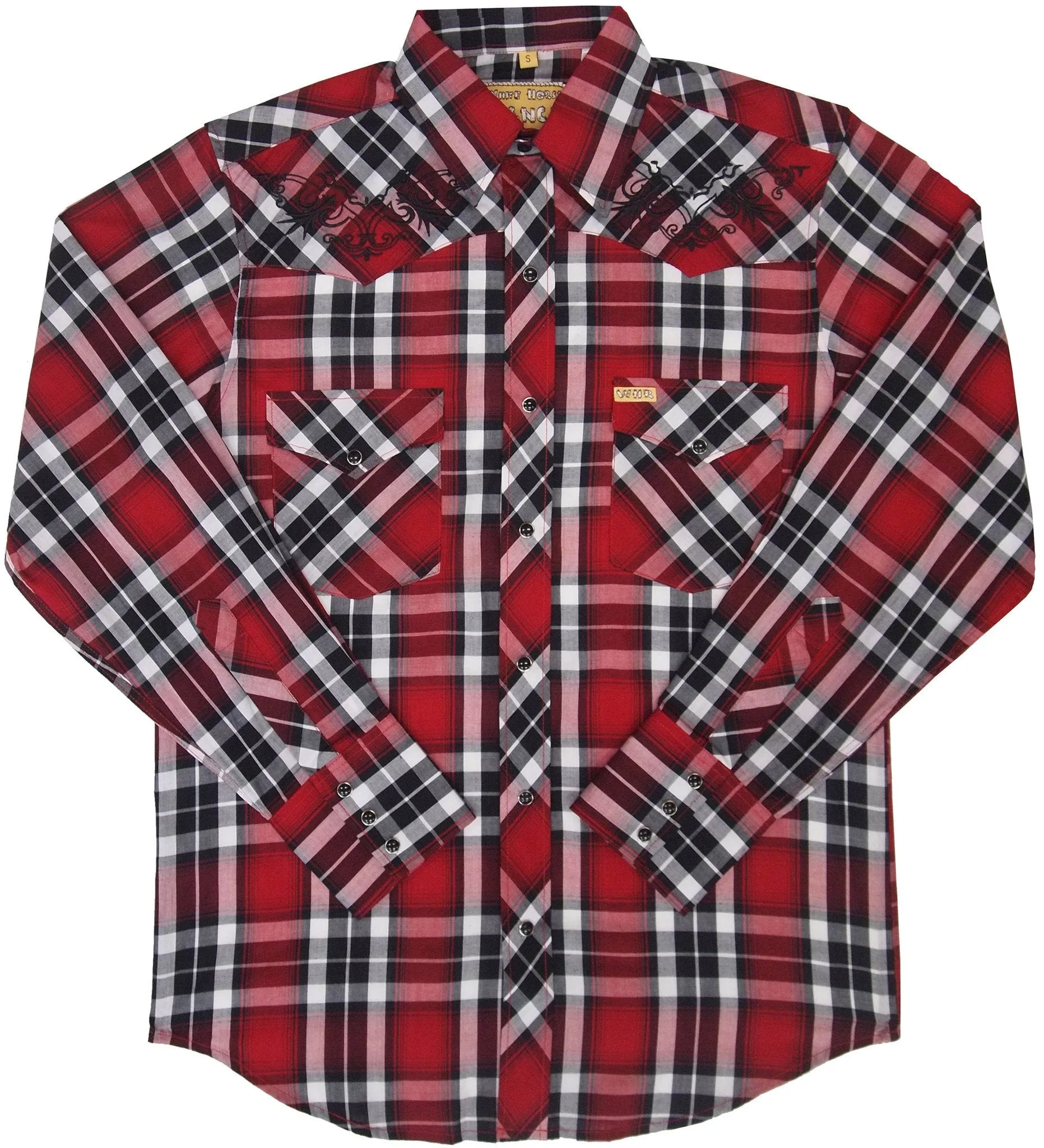 Men's Embroidered Western Shirt: White Horse Red Plaid