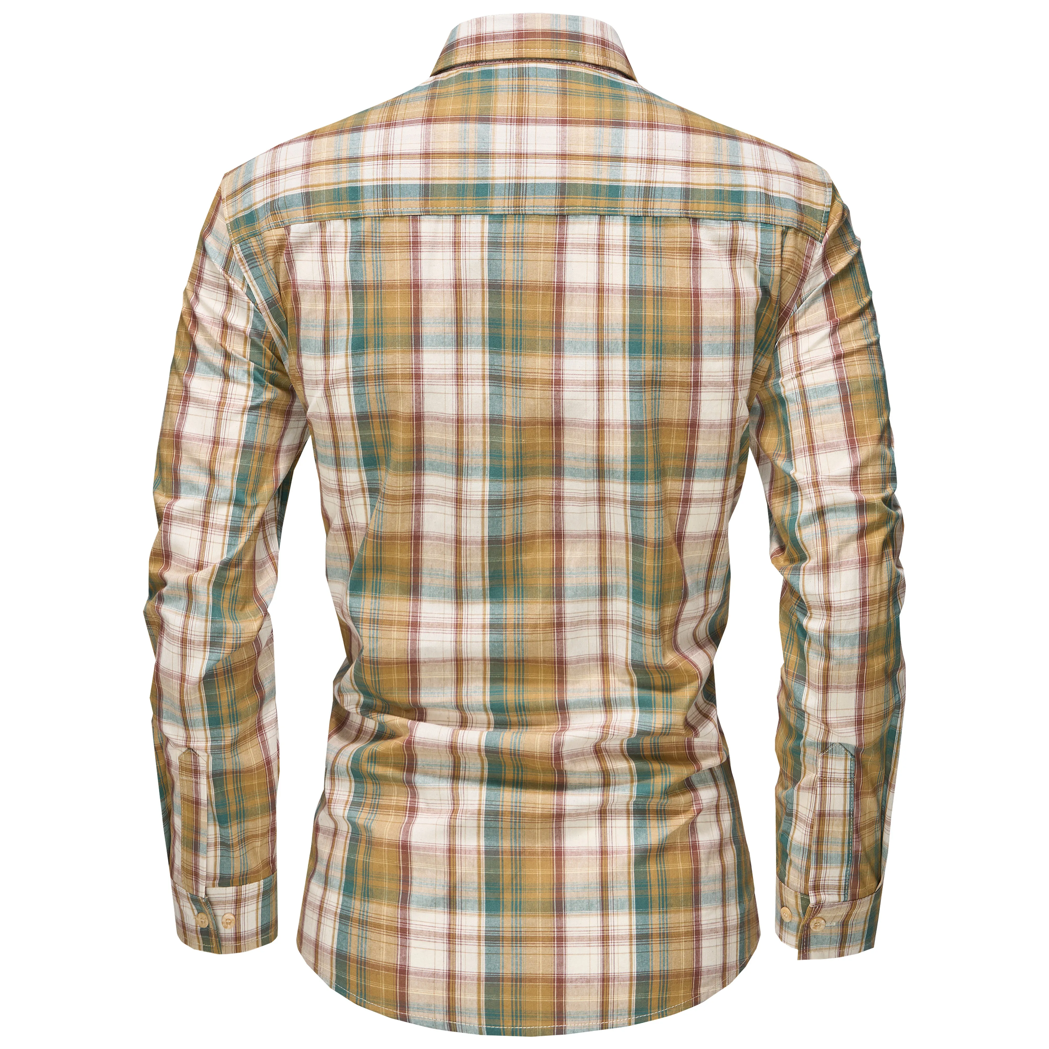 Men's Long Sleeve Checked Cotton Shirt - Blue / Tan