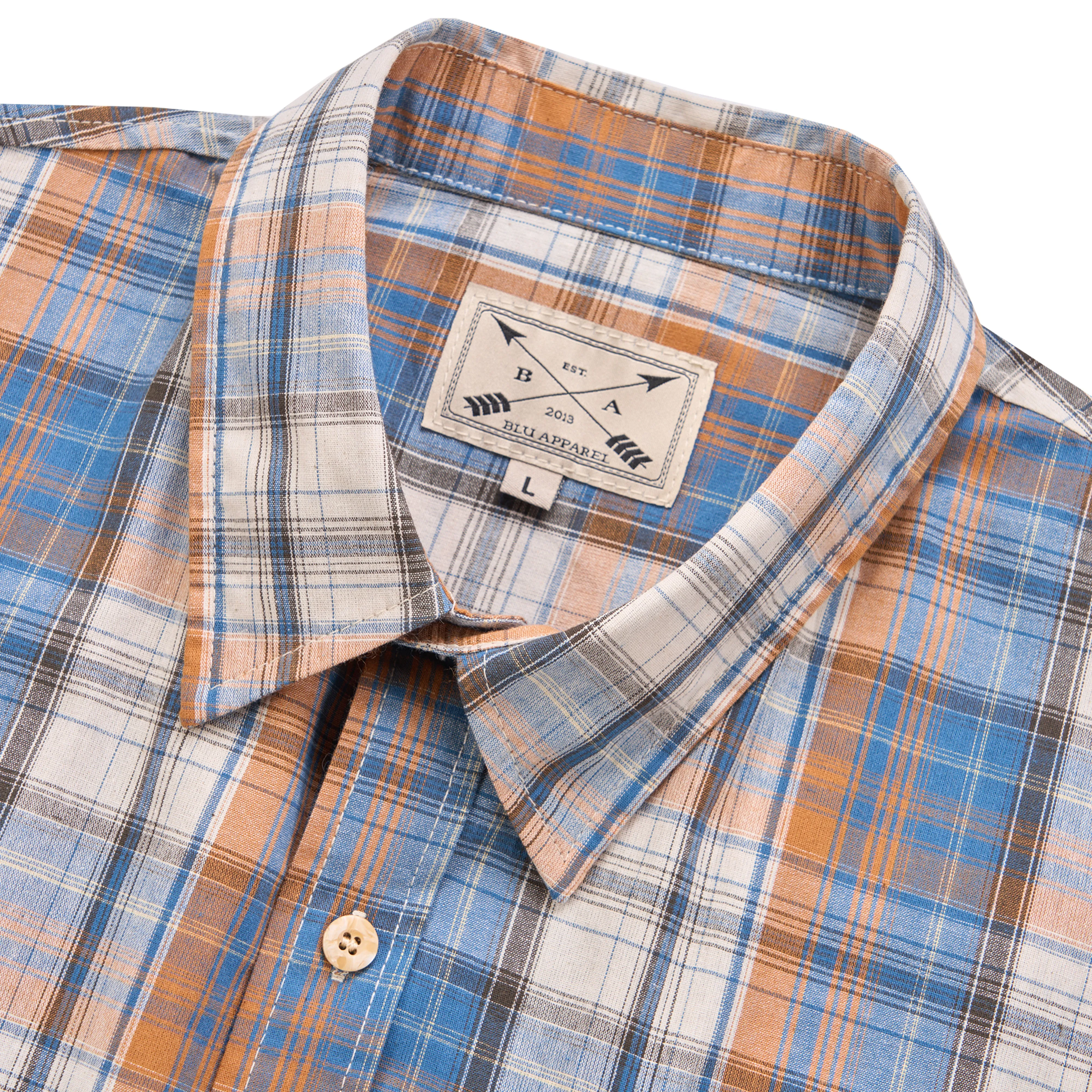 Men's Long Sleeve Checked Cotton Shirt - Blue / Tan