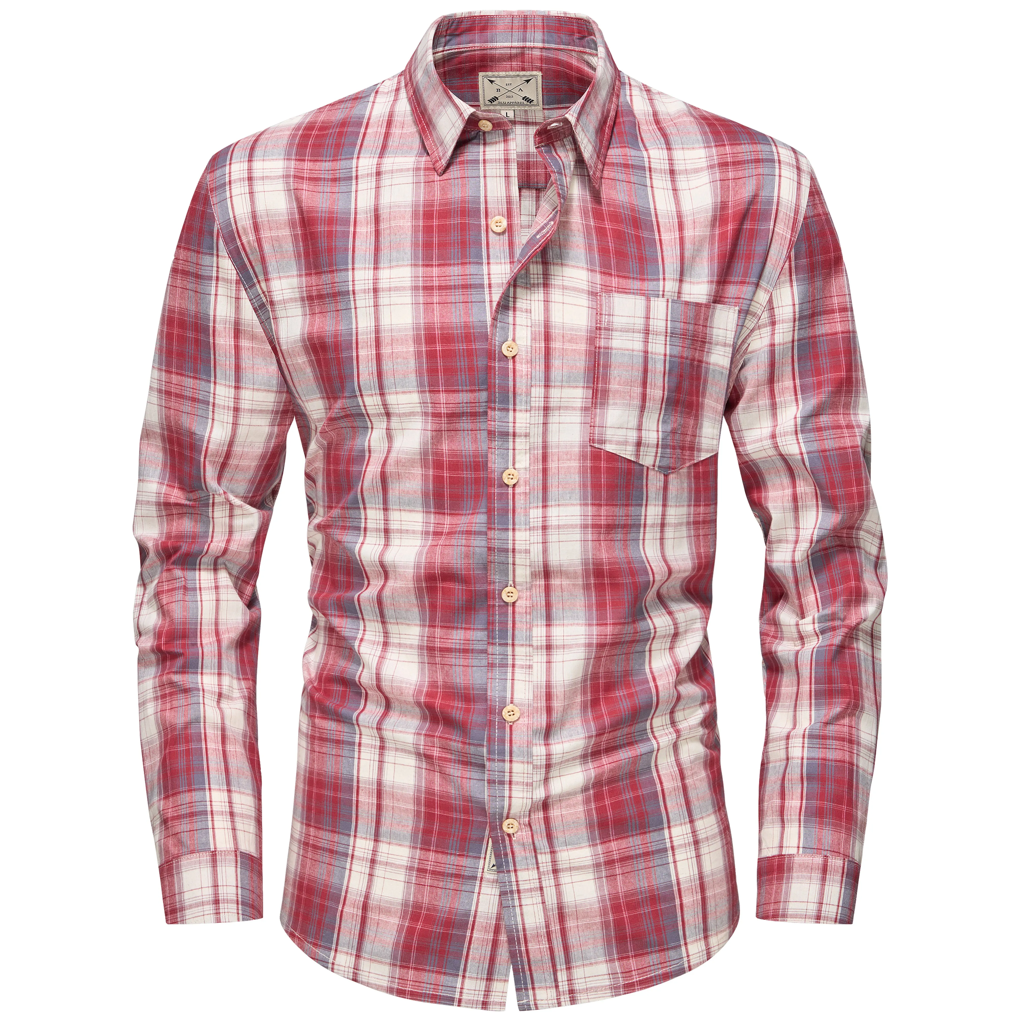 Men's Long Sleeve Checked Cotton Shirt - Blue / Tan