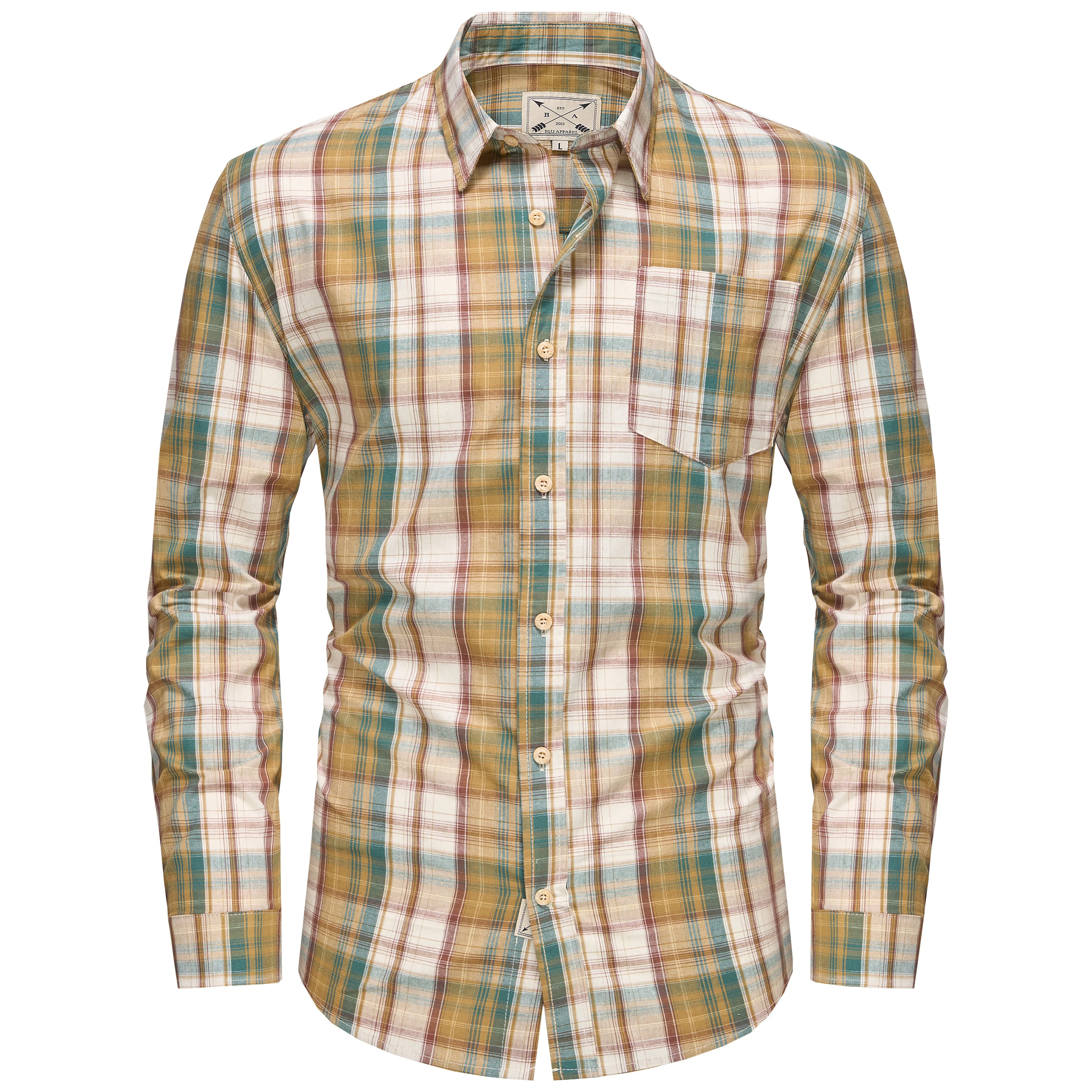 Men's Long Sleeve Checked Cotton Shirt - Blue / Tan