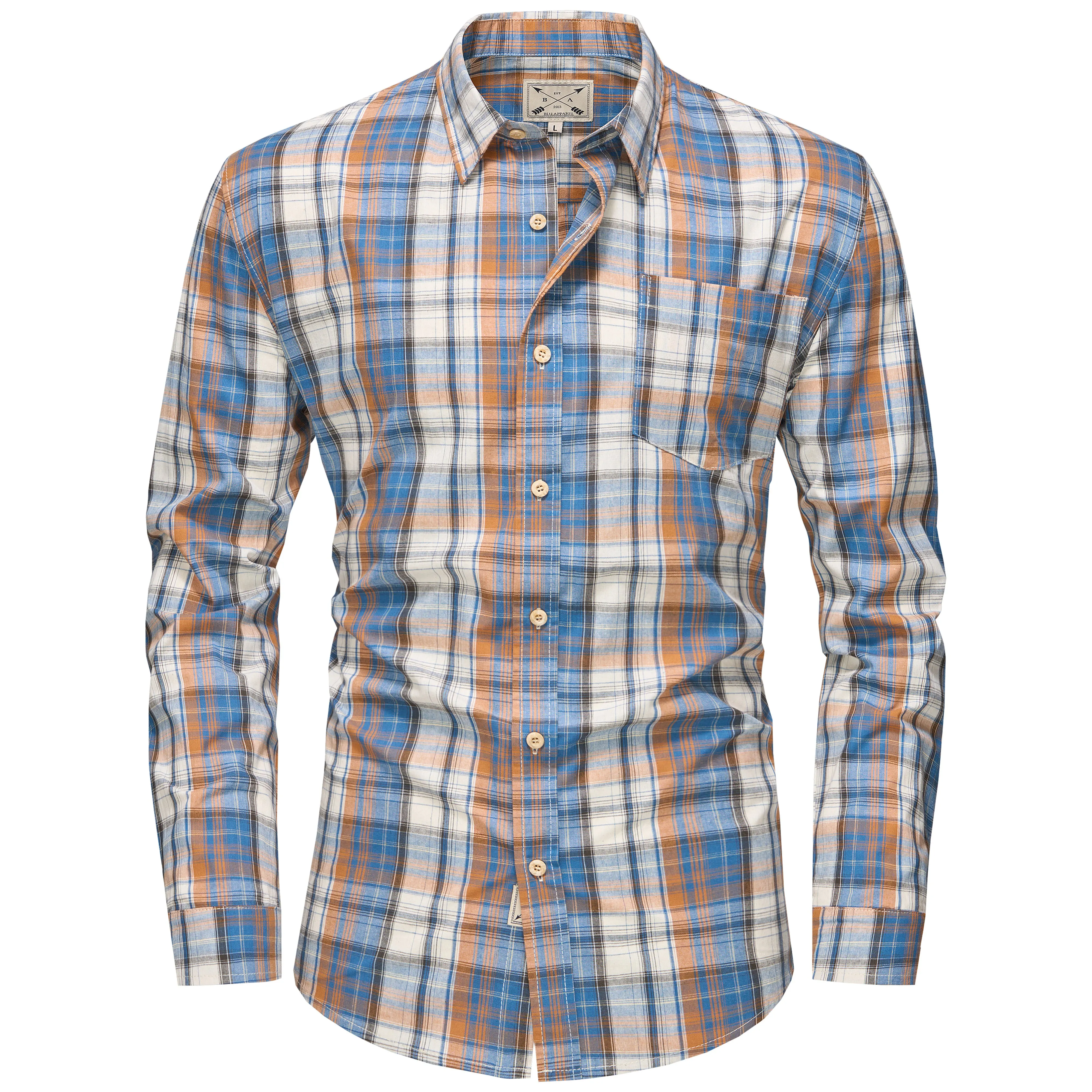 Men's Long Sleeve Checked Cotton Shirt - Blue / Tan