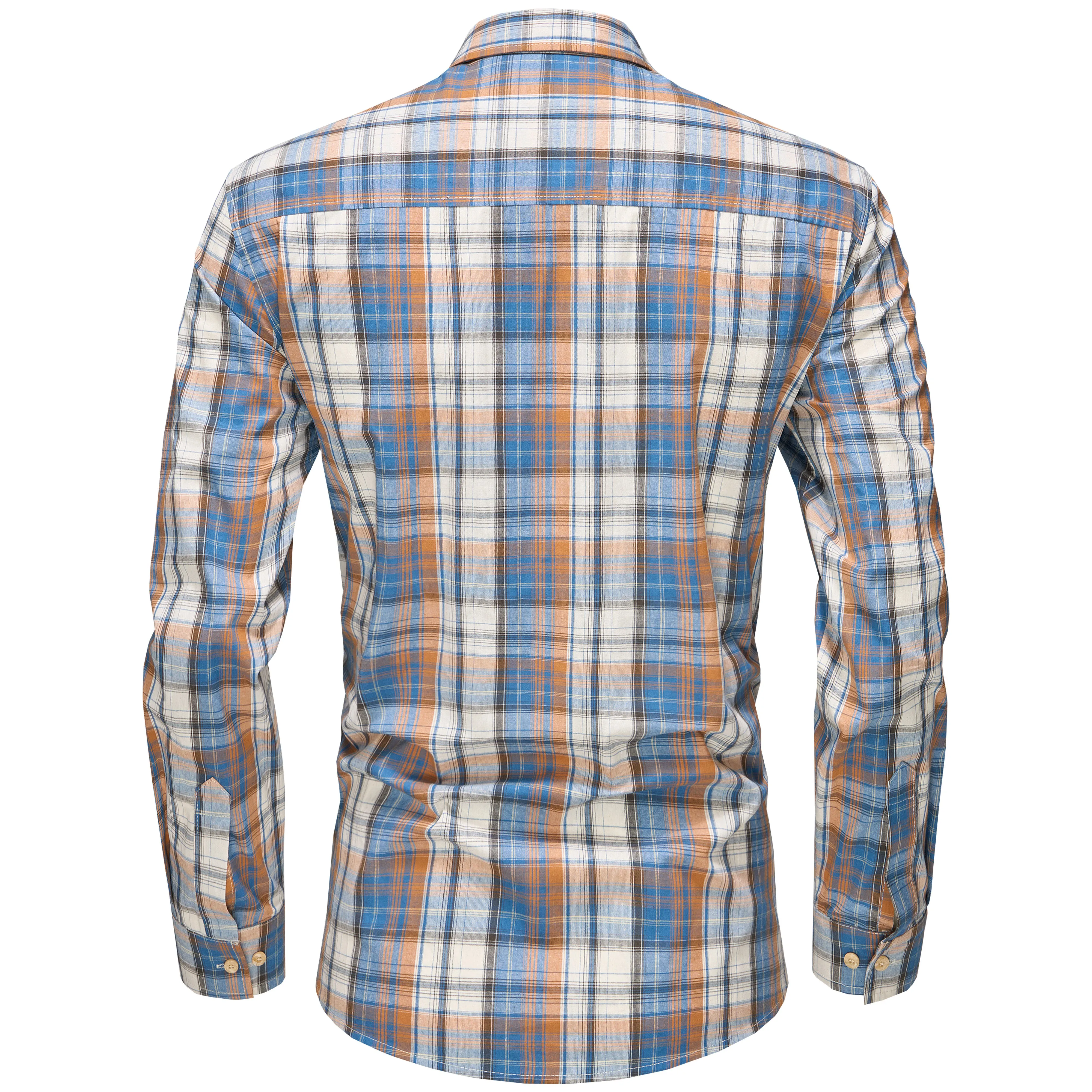 Men's Long Sleeve Checked Cotton Shirt - Blue / Tan