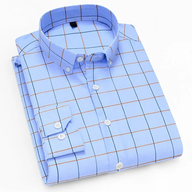 Men's Long Sleeve Oxford Style Checkered Dress Shirt