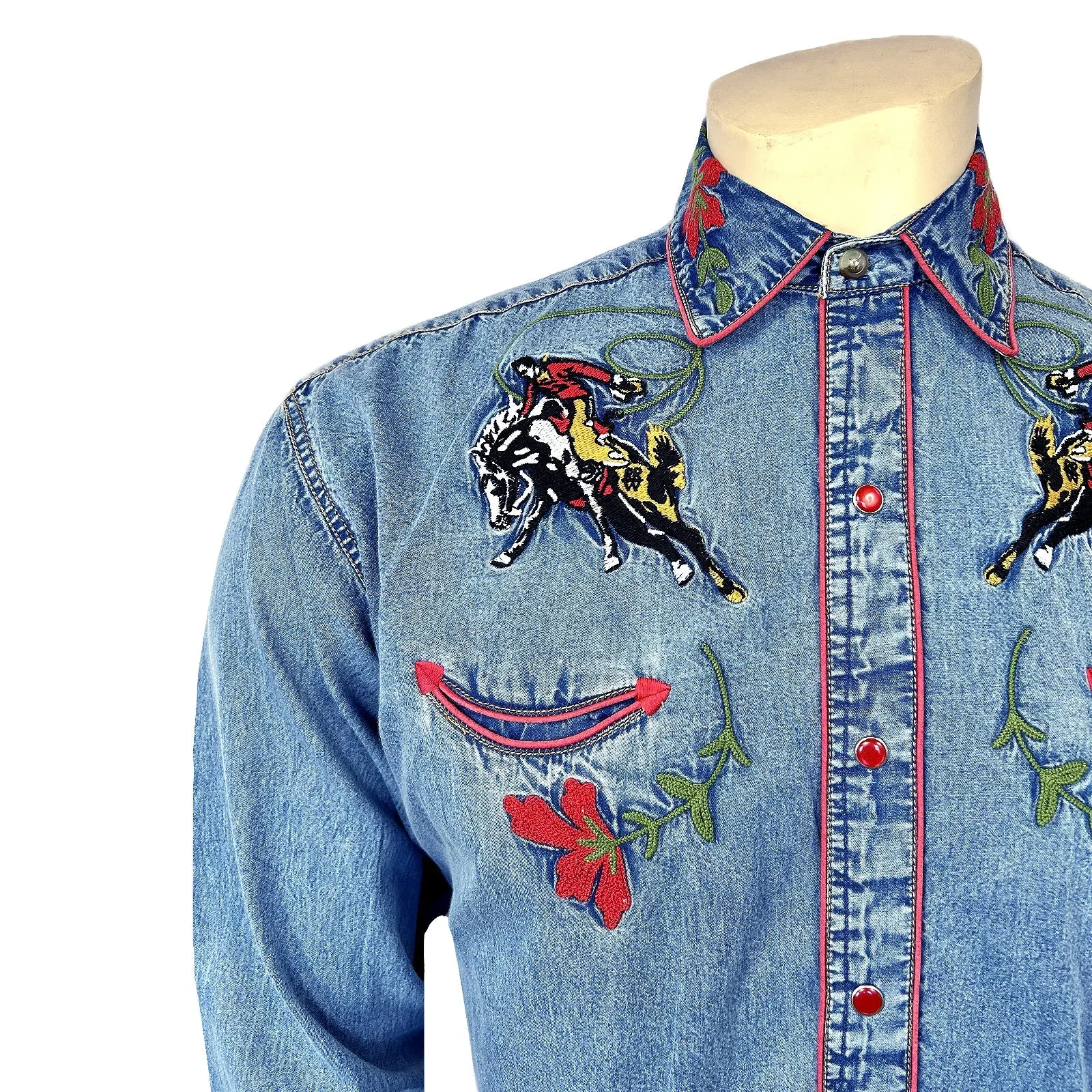 Men's Vintage Western Shirt Collection: Rockmount Embroidered Bronc Denim