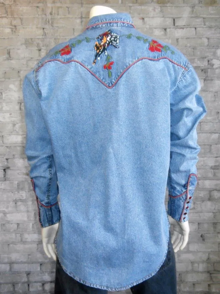 Men's Vintage Western Shirt Collection: Rockmount Embroidered Bronc Denim