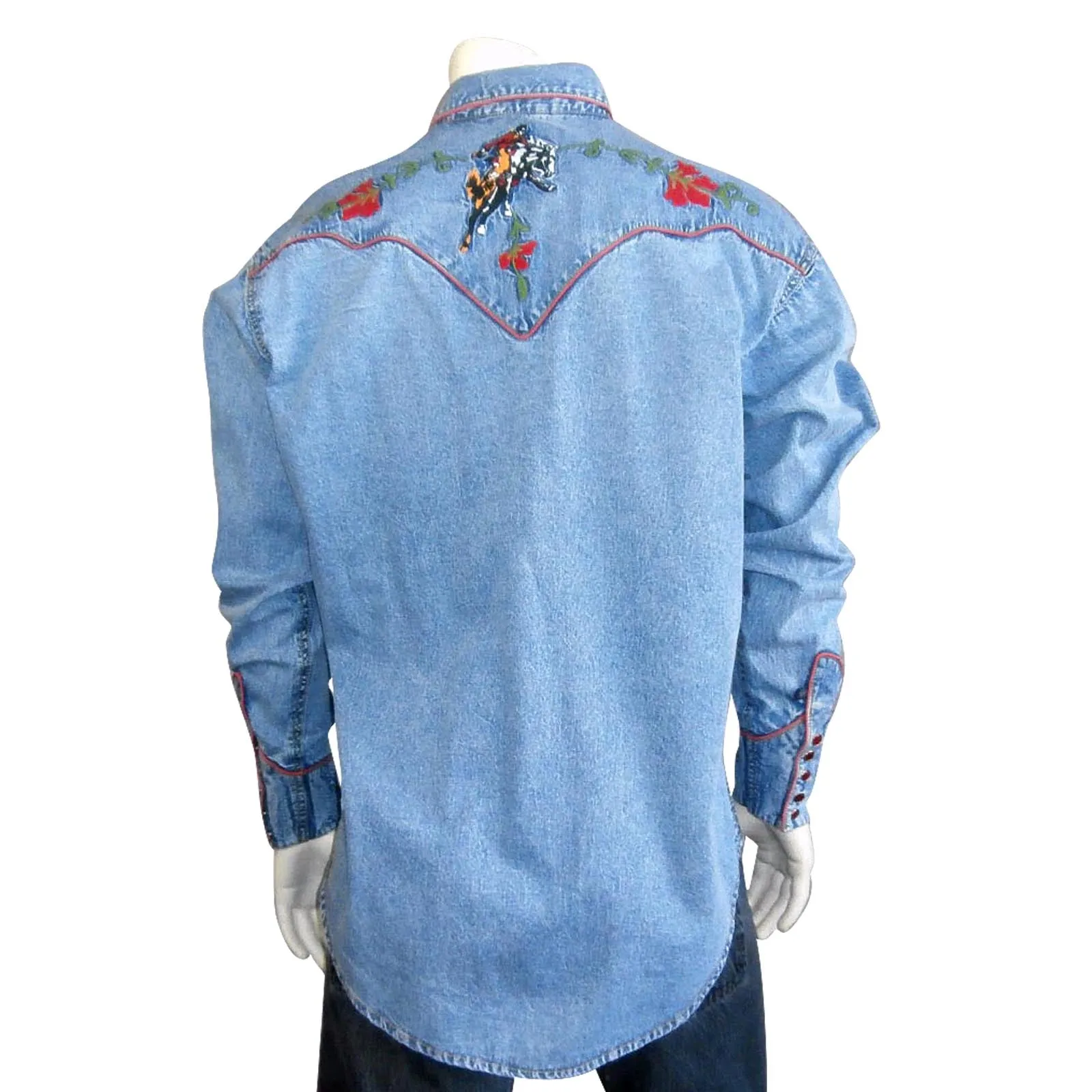 Men's Vintage Western Shirt Collection: Rockmount Embroidered Bronc Denim