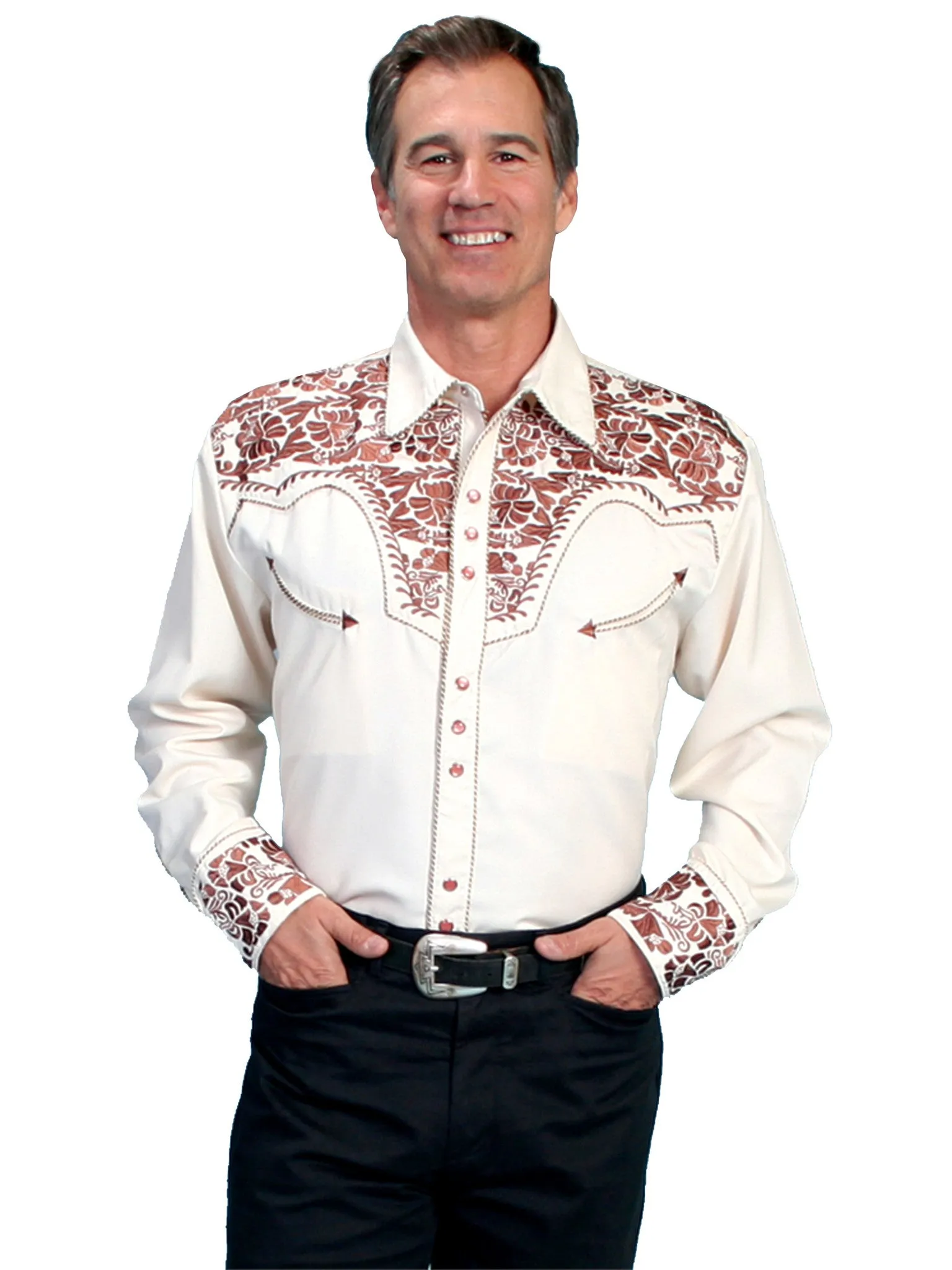 Men's Vintage Western Shirt Collection: Scully Gunfighter Cream & Saddle Brown