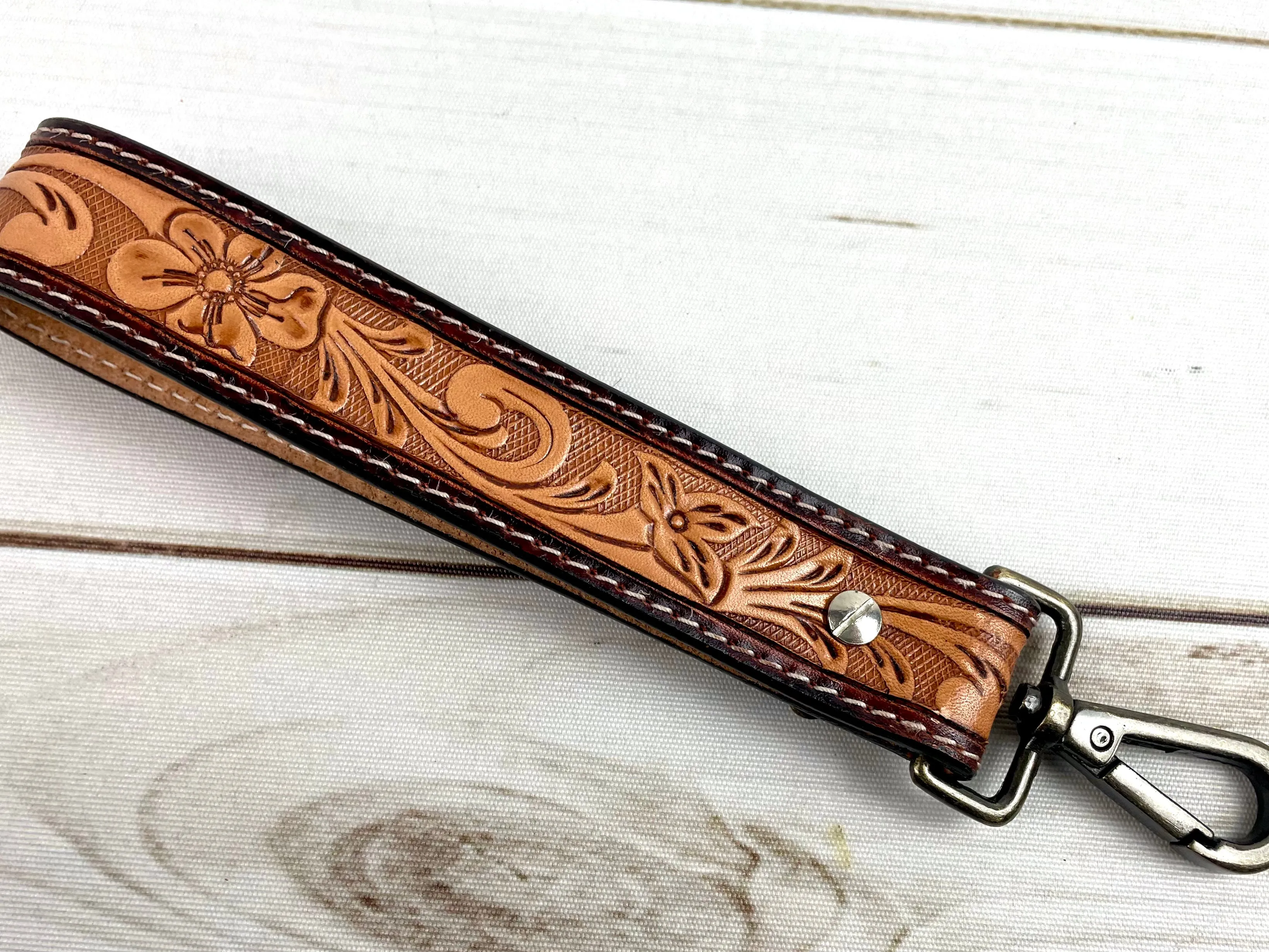 Natural Tooled Wristlet Leather Keychain