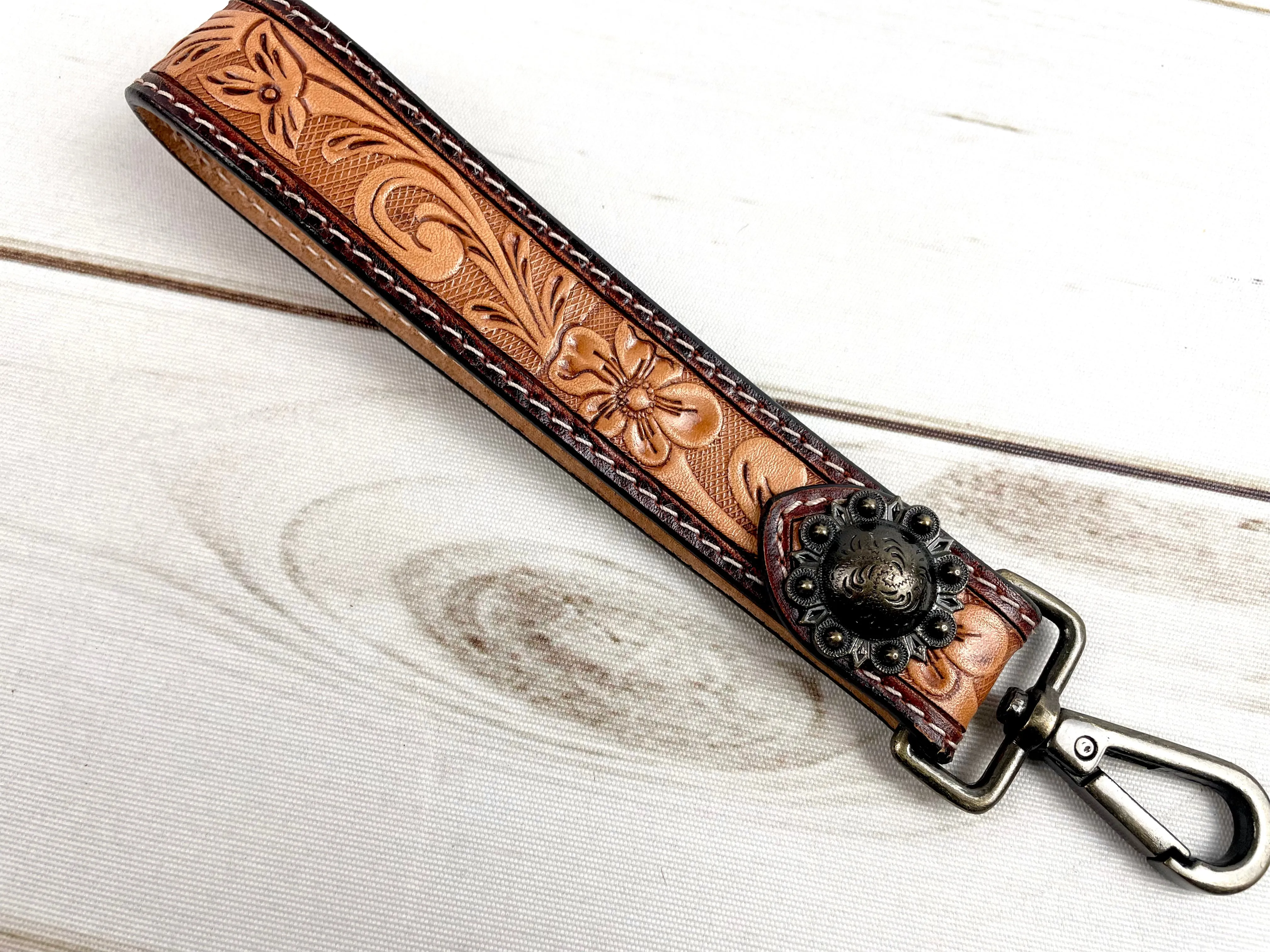 Natural Tooled Wristlet Leather Keychain