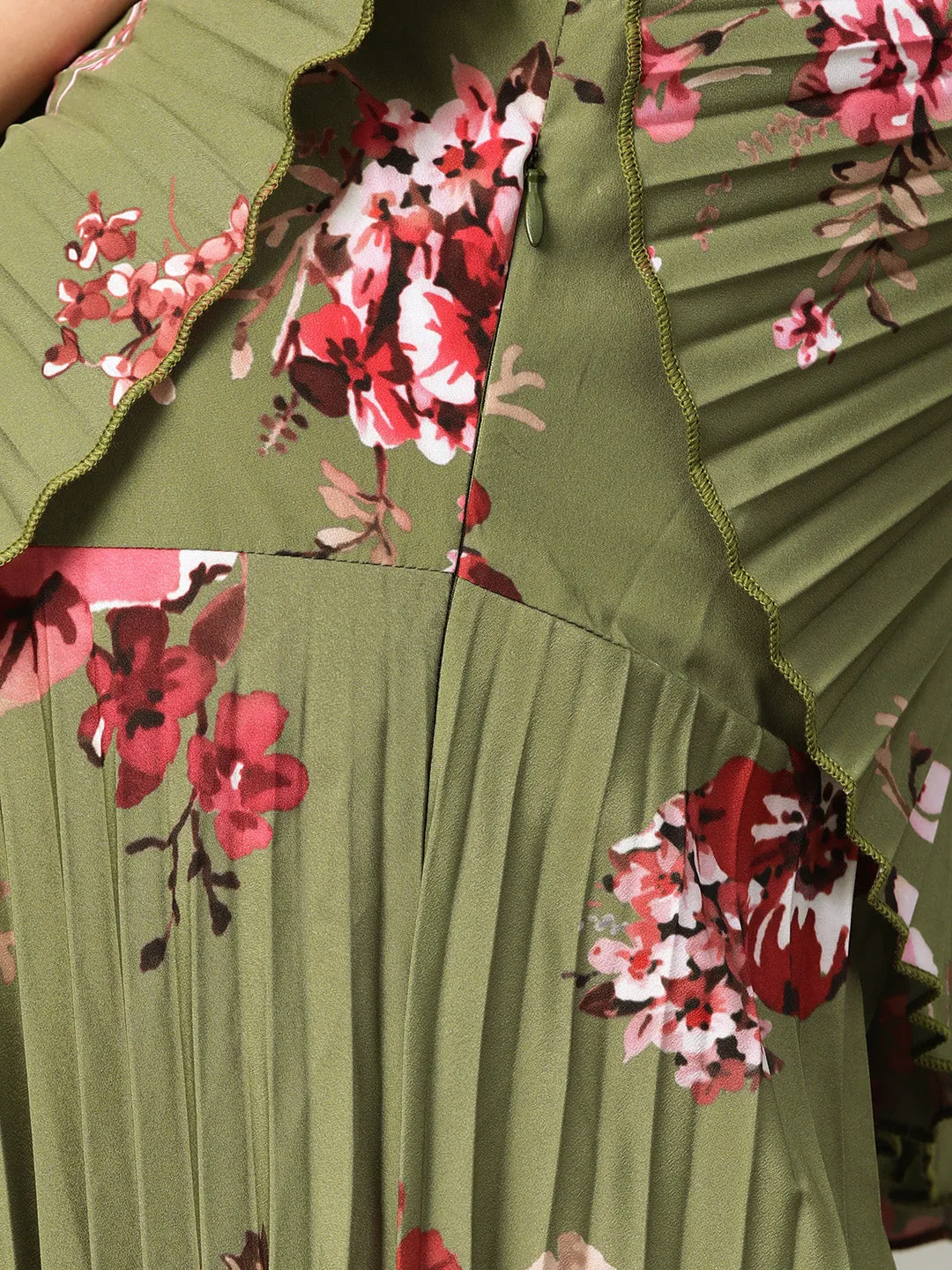 Olive Floral Strappy Pleated Maxi Dress