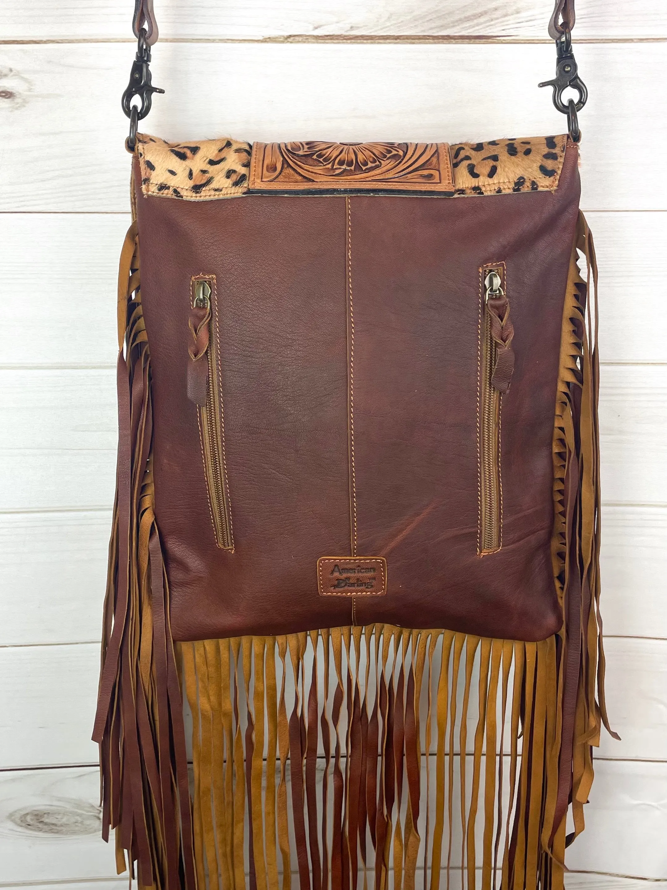 Pecos Leopard Pattern on Hide Leather Tooled Fringe Large Crossbody Bag
