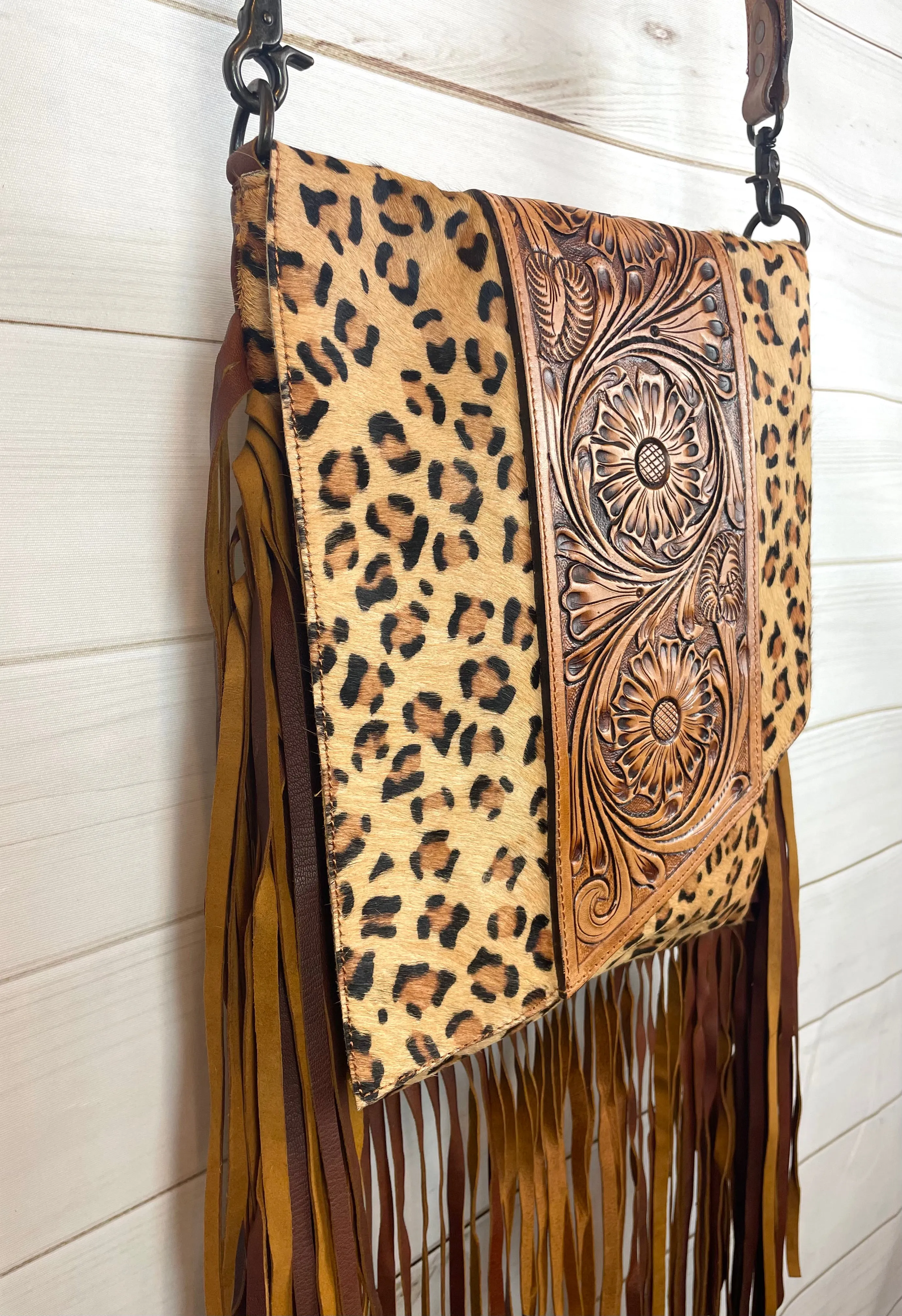 Pecos Leopard Pattern on Hide Leather Tooled Fringe Large Crossbody Bag
