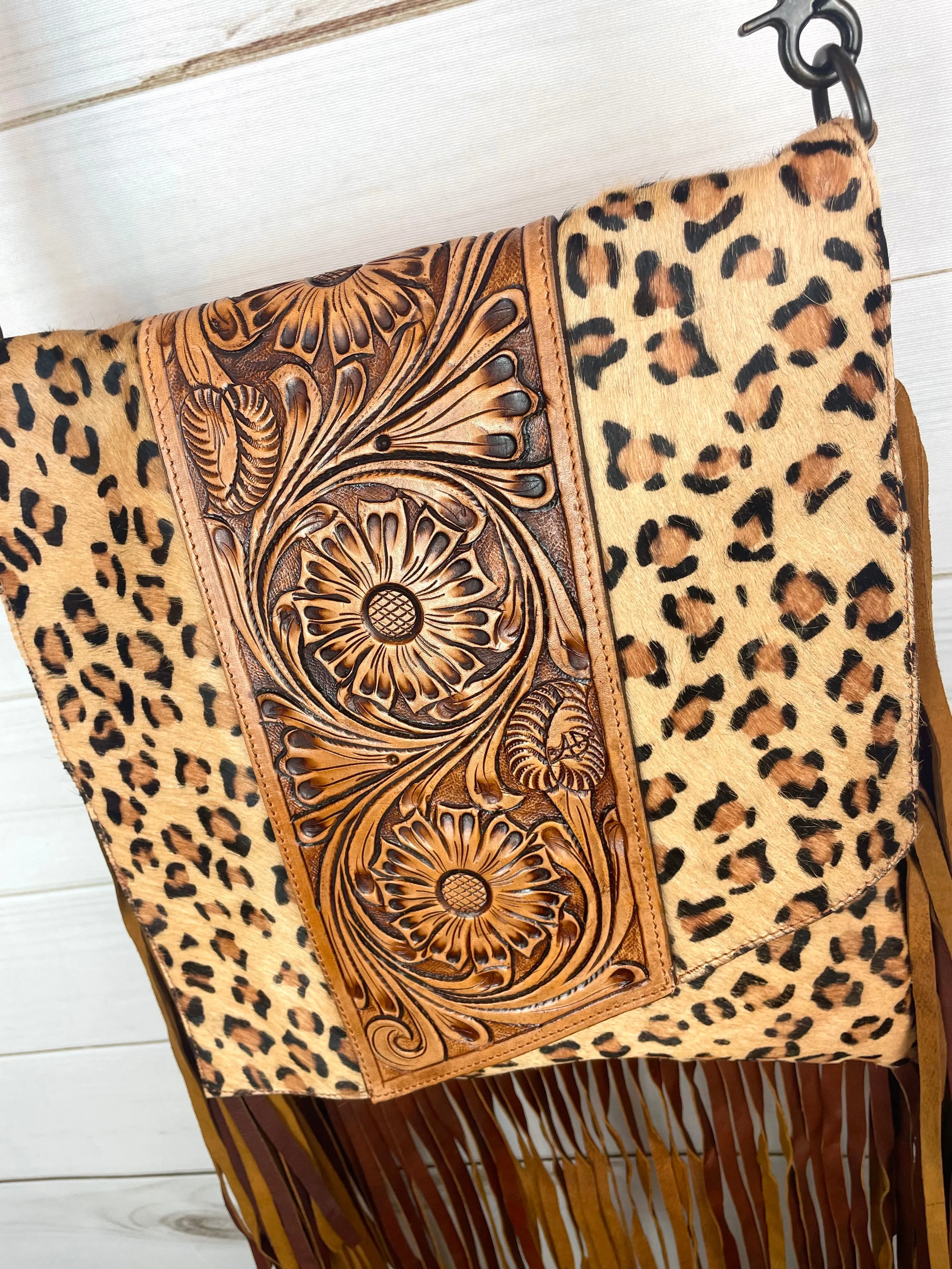Pecos Leopard Pattern on Hide Leather Tooled Fringe Large Crossbody Bag