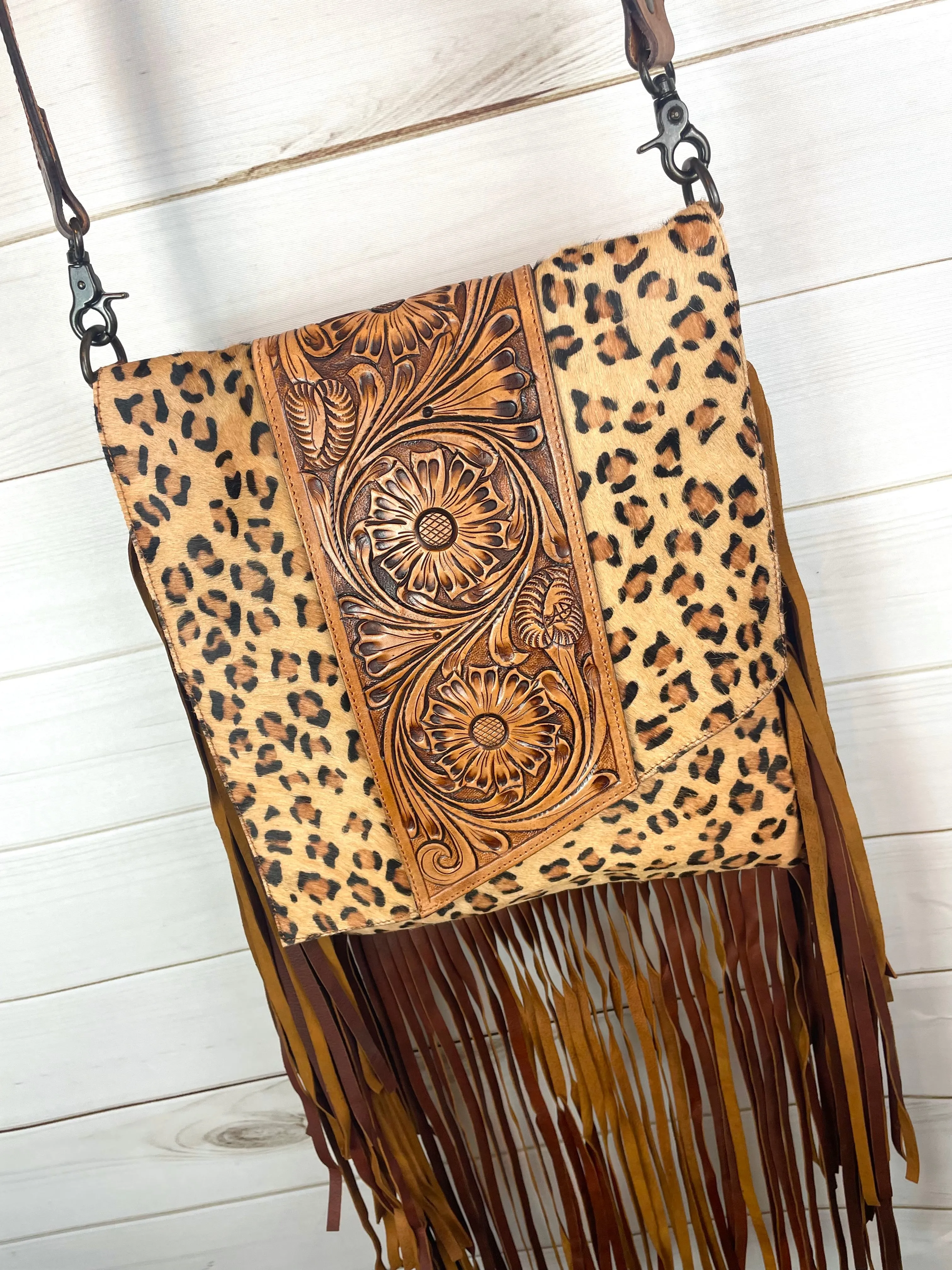 Pecos Leopard Pattern on Hide Leather Tooled Fringe Large Crossbody Bag