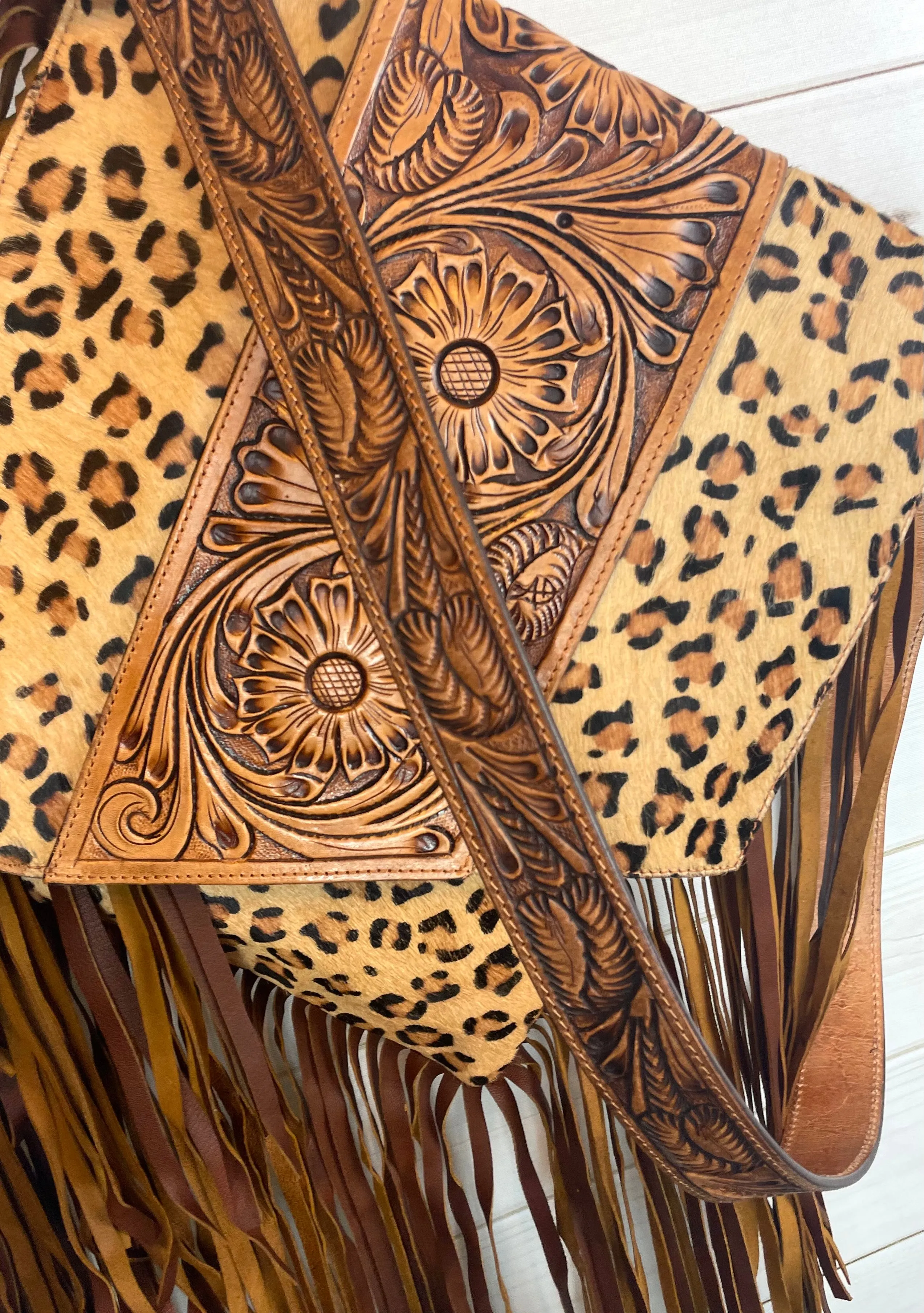 Pecos Leopard Pattern on Hide Leather Tooled Fringe Large Crossbody Bag