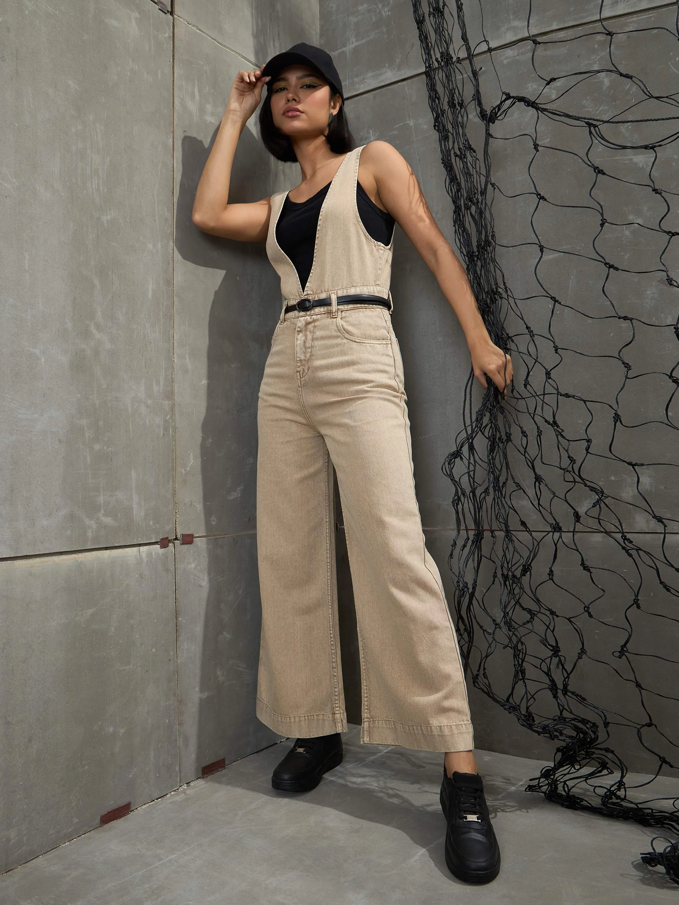 Women Beige Deep V-Neck Denim Flared Leg Jumpsuit