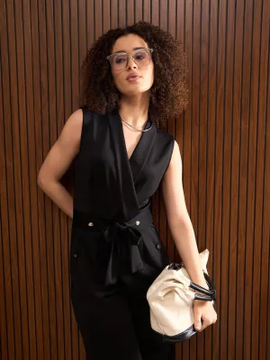 Women Black Shawl Collar Front Tie Belted Jumpsuit