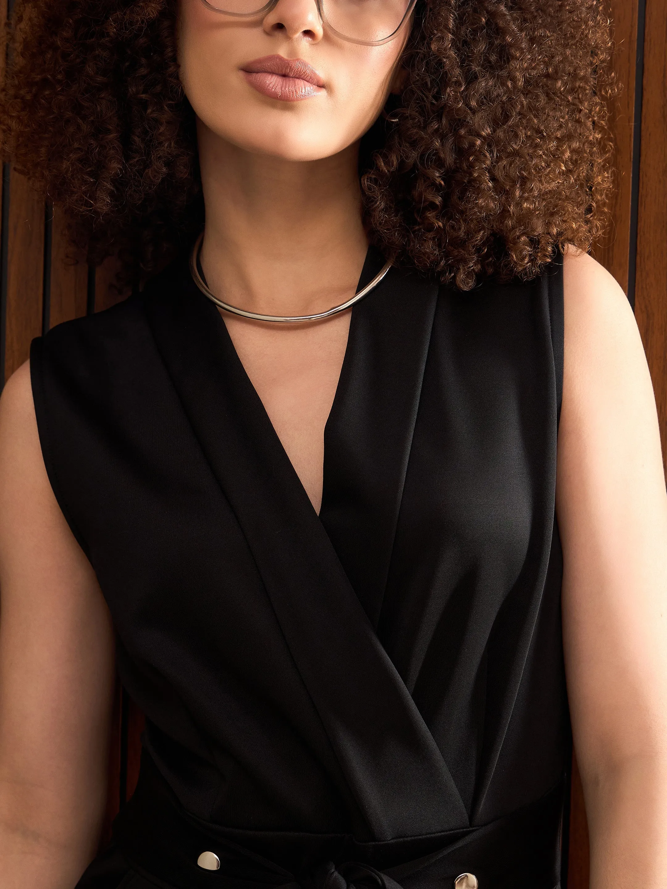 Women Black Shawl Collar Front Tie Belted Jumpsuit