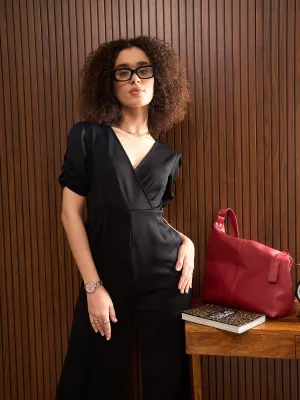 Women Black Side Pocket Puff Sleeves Jumpsuit
