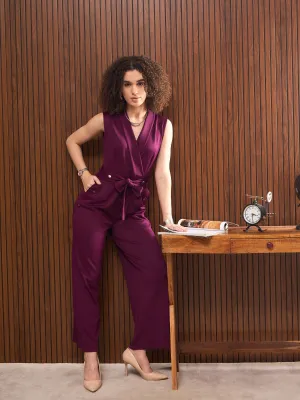 Women Purple Shawl Collar Front Tie Belted Jumpsuit
