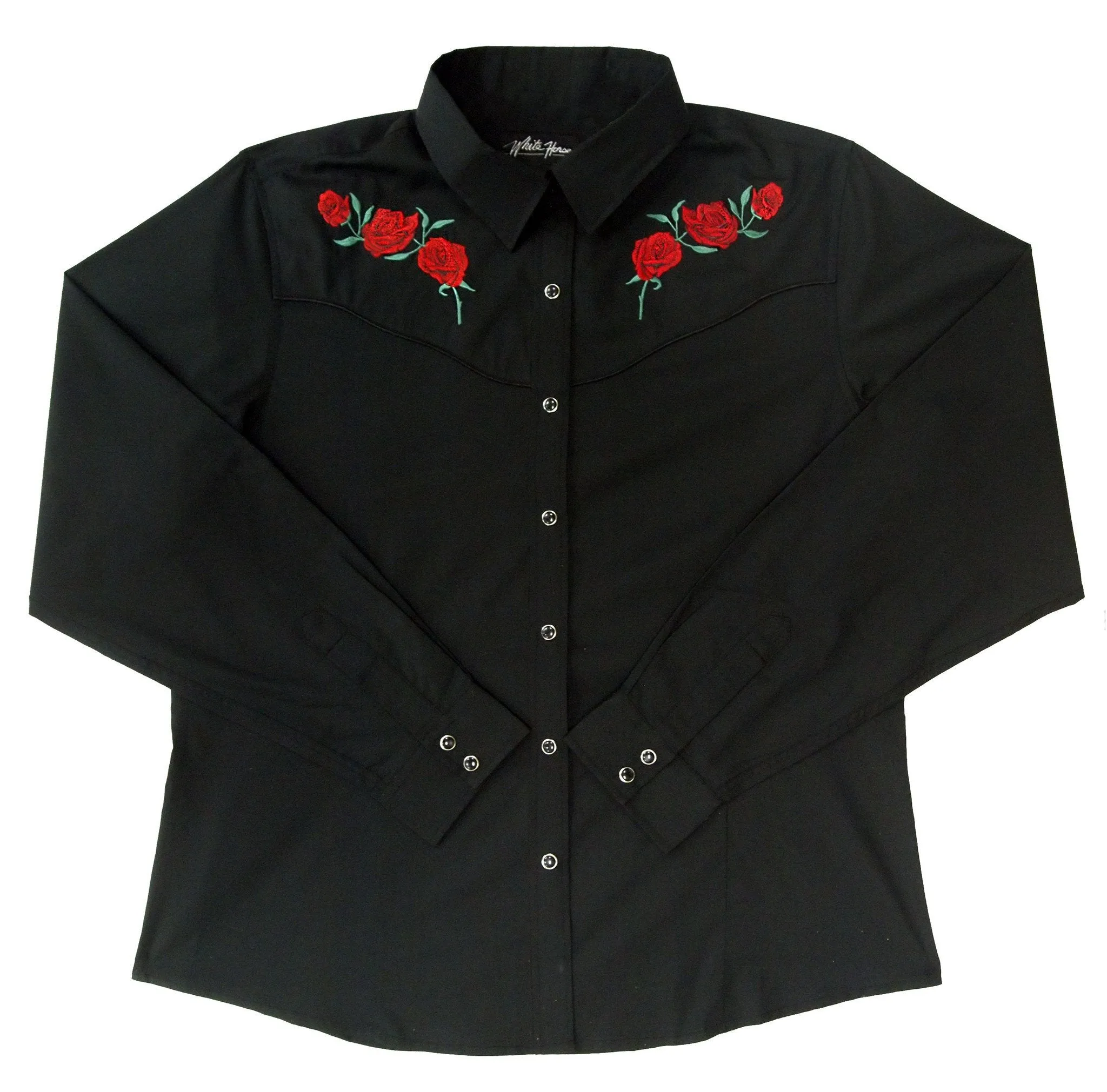Women's Embroidered Western Shirt: White Horse Roses