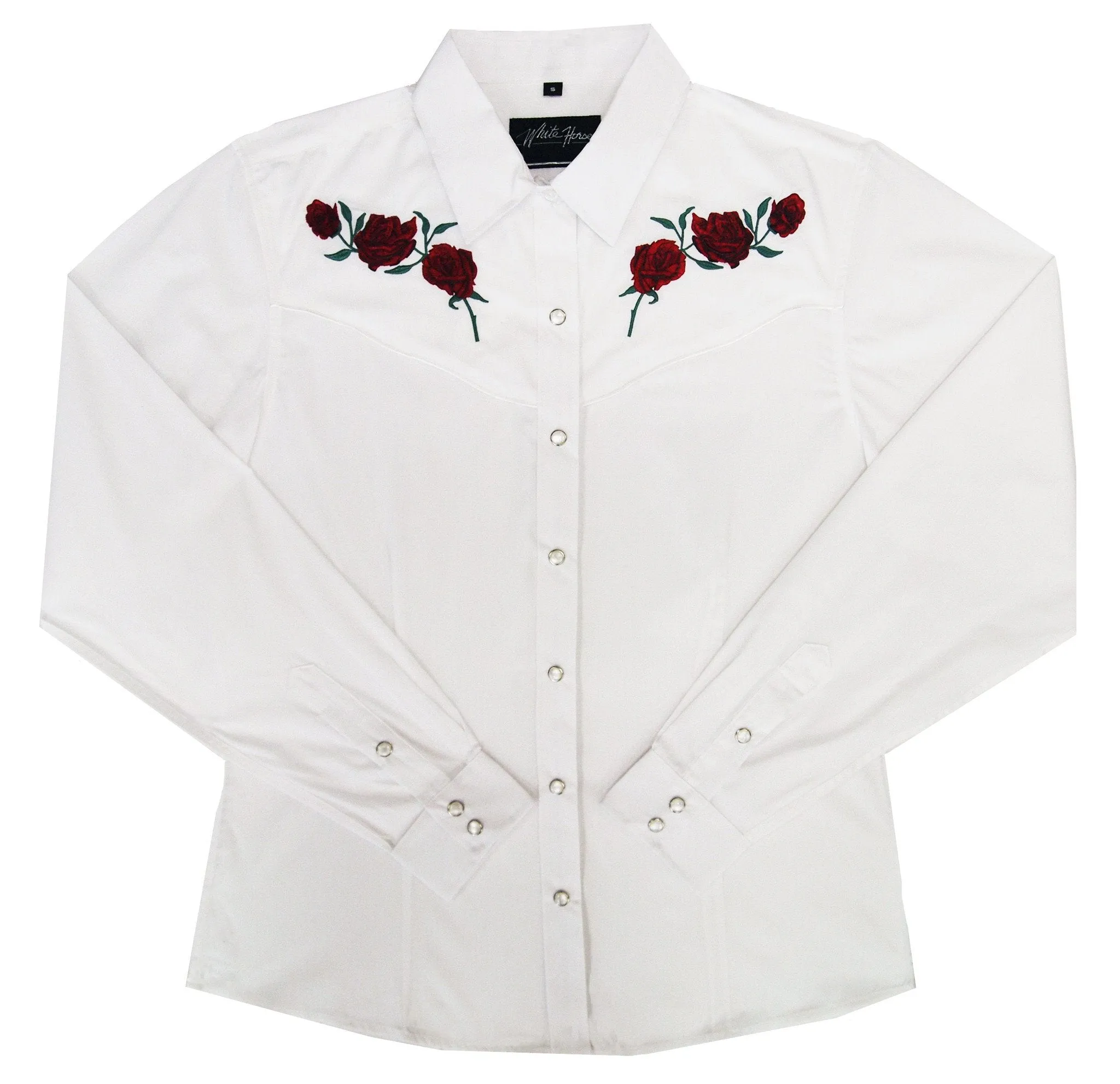 Women's Embroidered Western Shirt: White Horse Roses
