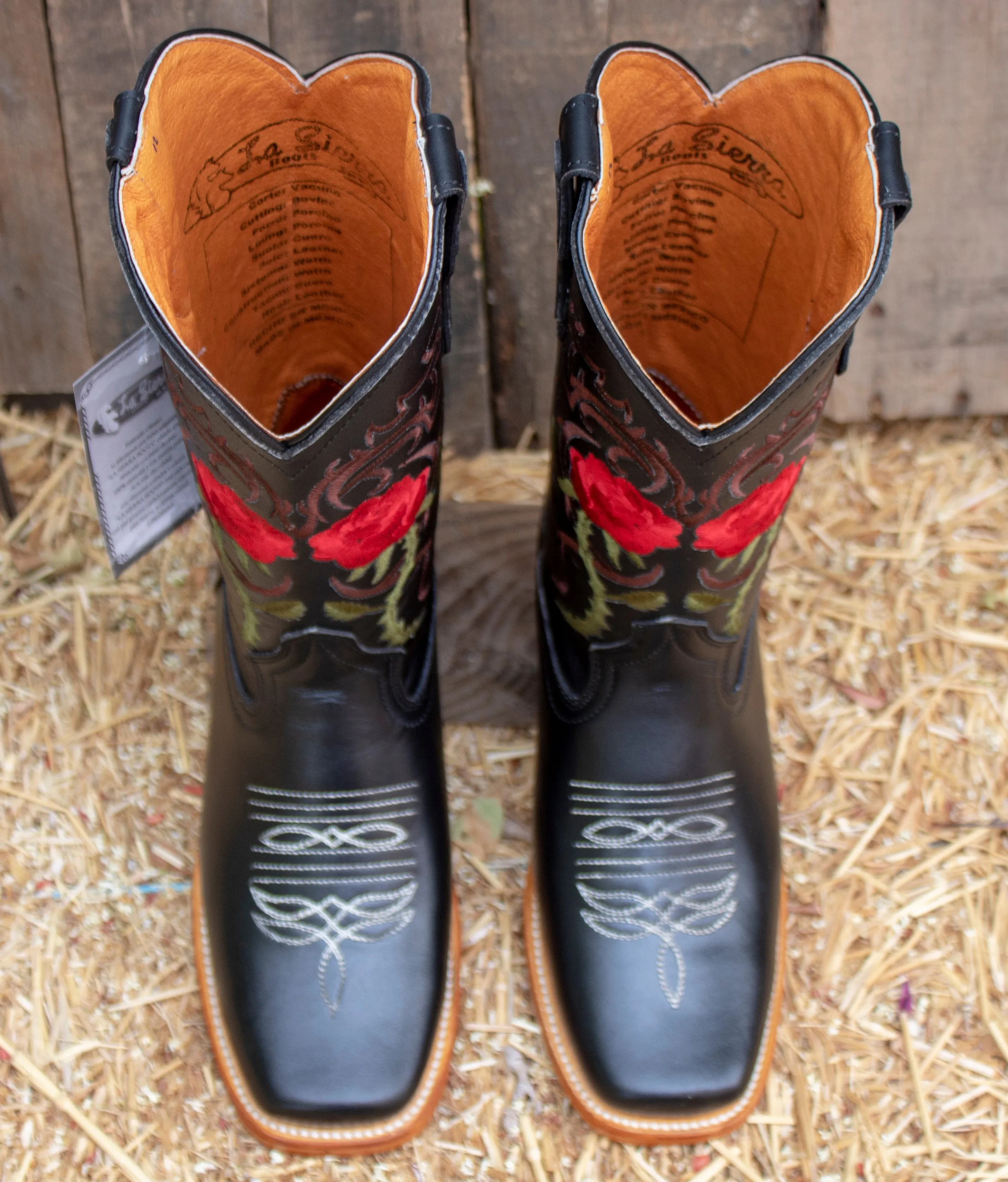 WOMENS LEATHER EMBROIDERED ROSE SQUARE TOE RODEO COWGIRL BOOTS