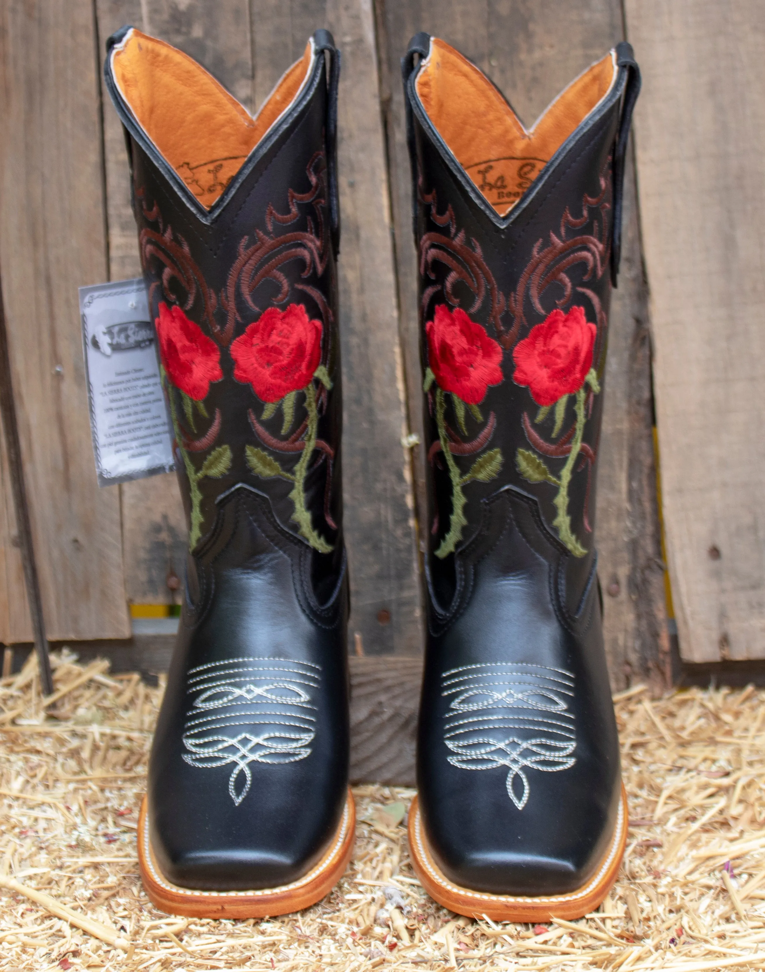 WOMENS LEATHER EMBROIDERED ROSE SQUARE TOE RODEO COWGIRL BOOTS