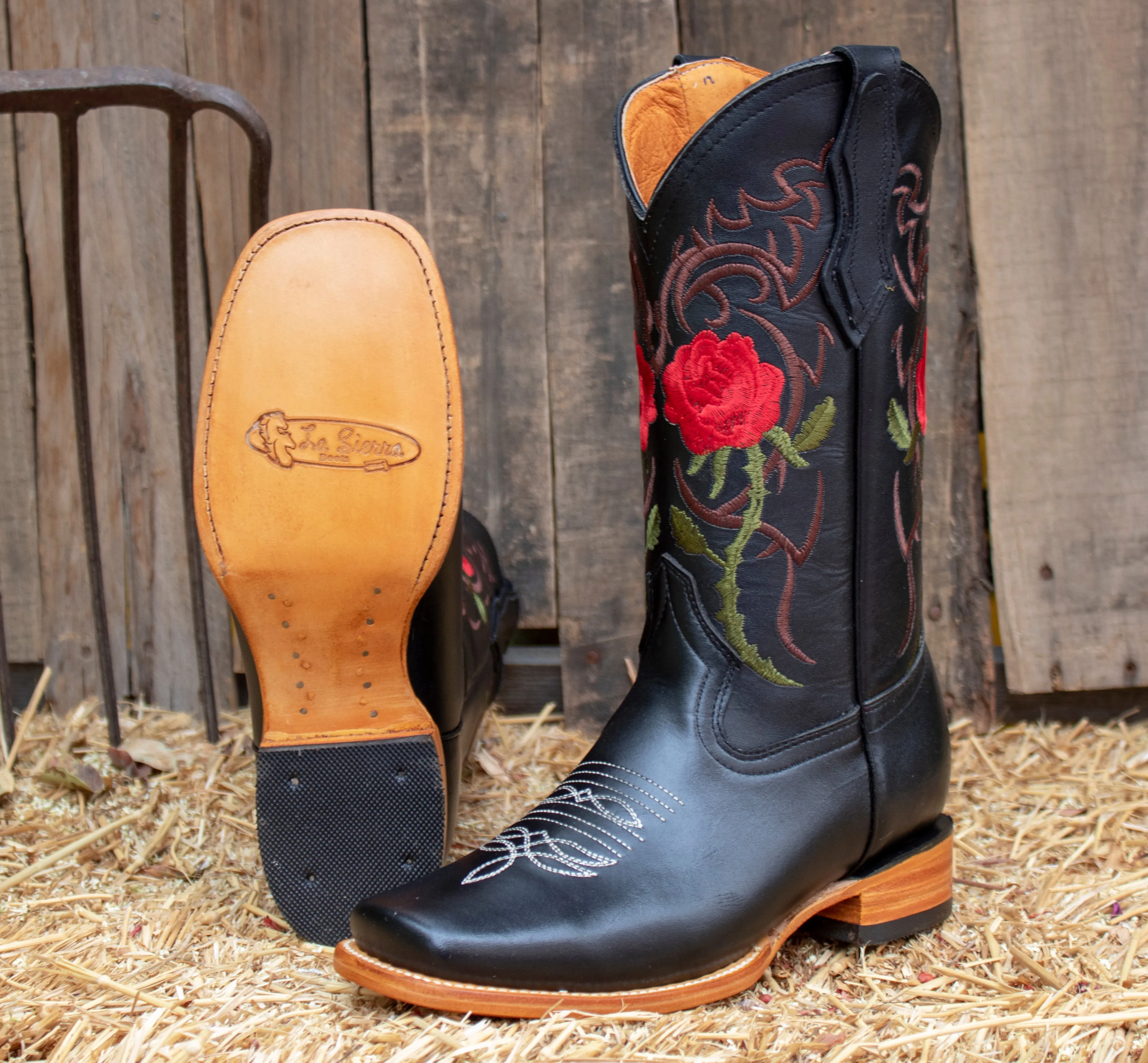 WOMENS LEATHER EMBROIDERED ROSE SQUARE TOE RODEO COWGIRL BOOTS