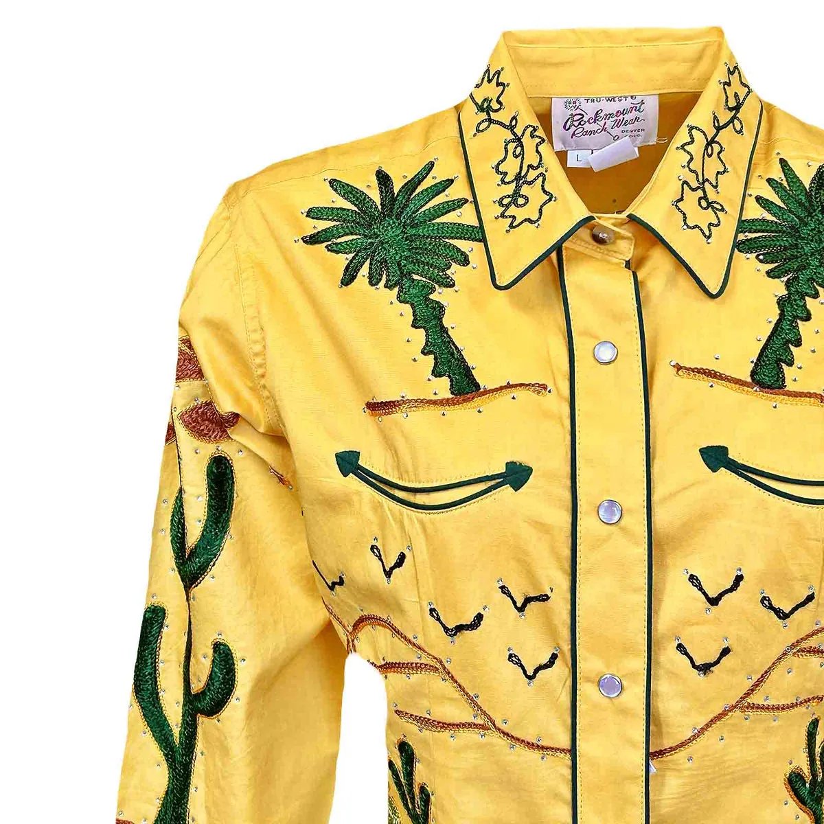 Women's Vintage Western Shirt Collection: Rockmount Fancy Palm Trees Wagon Wheels Gold