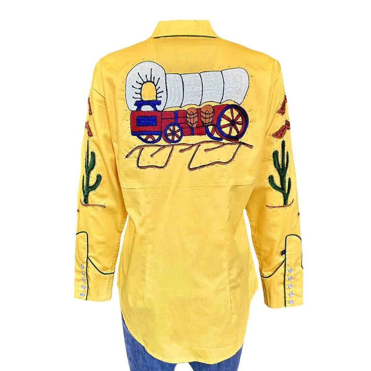 Women's Vintage Western Shirt Collection: Rockmount Fancy Palm Trees Wagon Wheels Gold