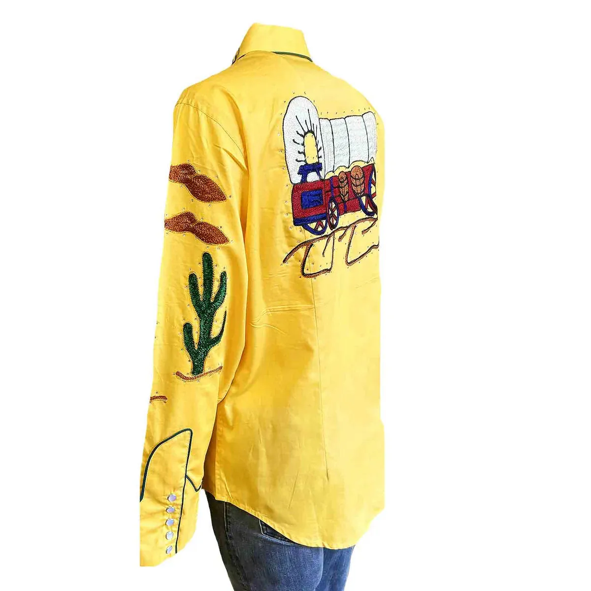 Women's Vintage Western Shirt Collection: Rockmount Fancy Palm Trees Wagon Wheels Gold