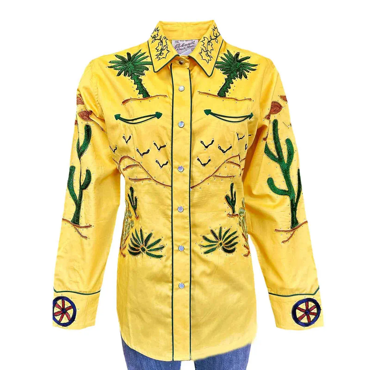 Women's Vintage Western Shirt Collection: Rockmount Fancy Palm Trees Wagon Wheels Gold