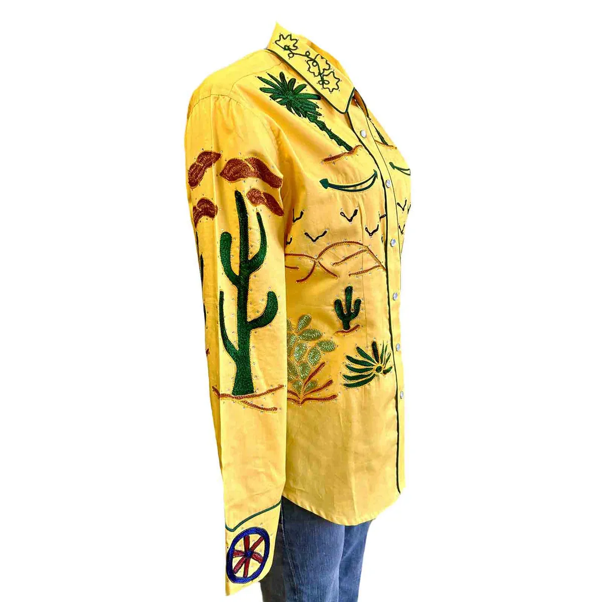 Women's Vintage Western Shirt Collection: Rockmount Fancy Palm Trees Wagon Wheels Gold