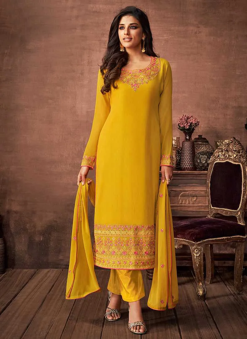 Yellow and Gold Embroidered Straight Pant Style Suit