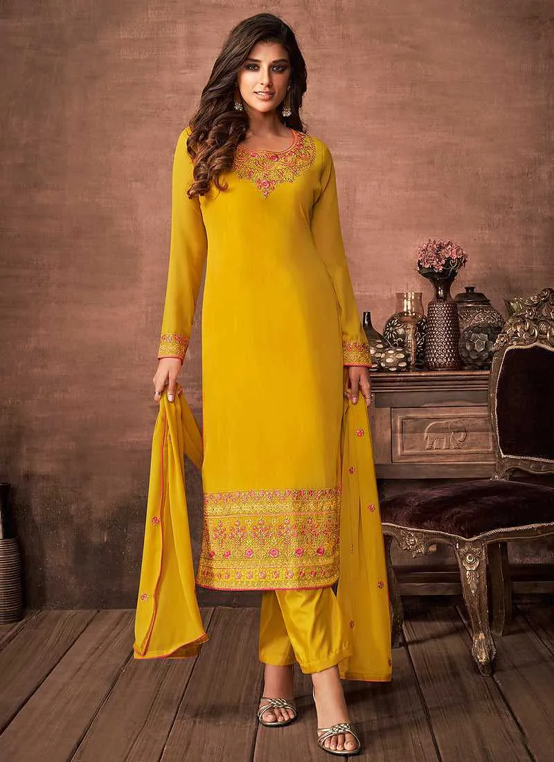 Yellow and Gold Embroidered Straight Pant Style Suit